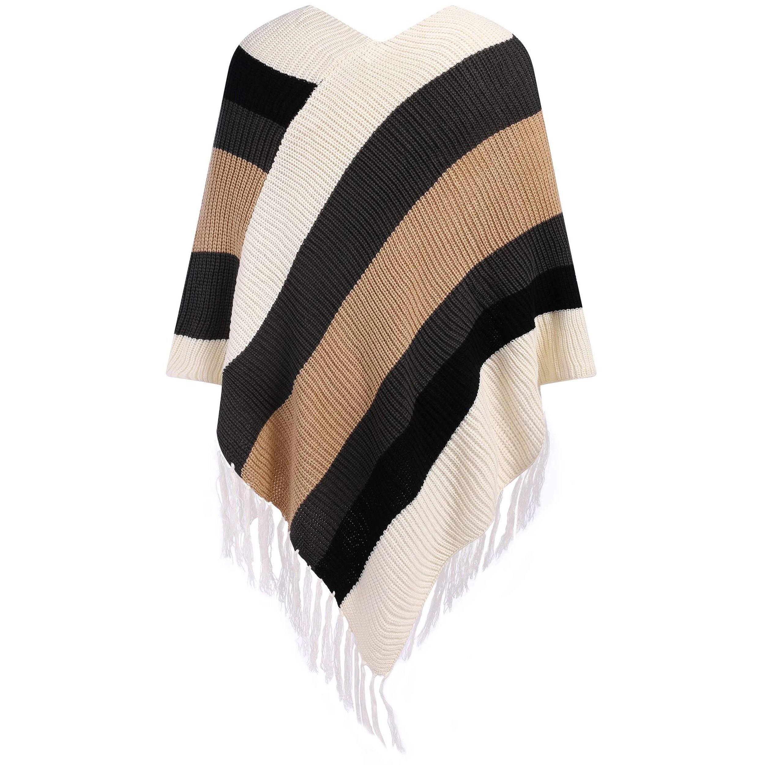 Zeagoo Women's Fringed Striped V-Neck Knitted Poncho