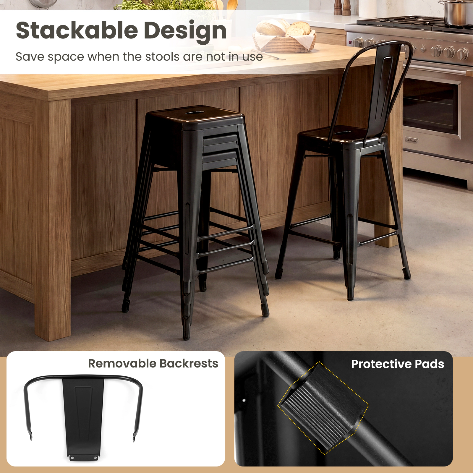 Glintex 4-Piece 24-Inch Stackable Metal Counter Stool Set with Removable Backs
