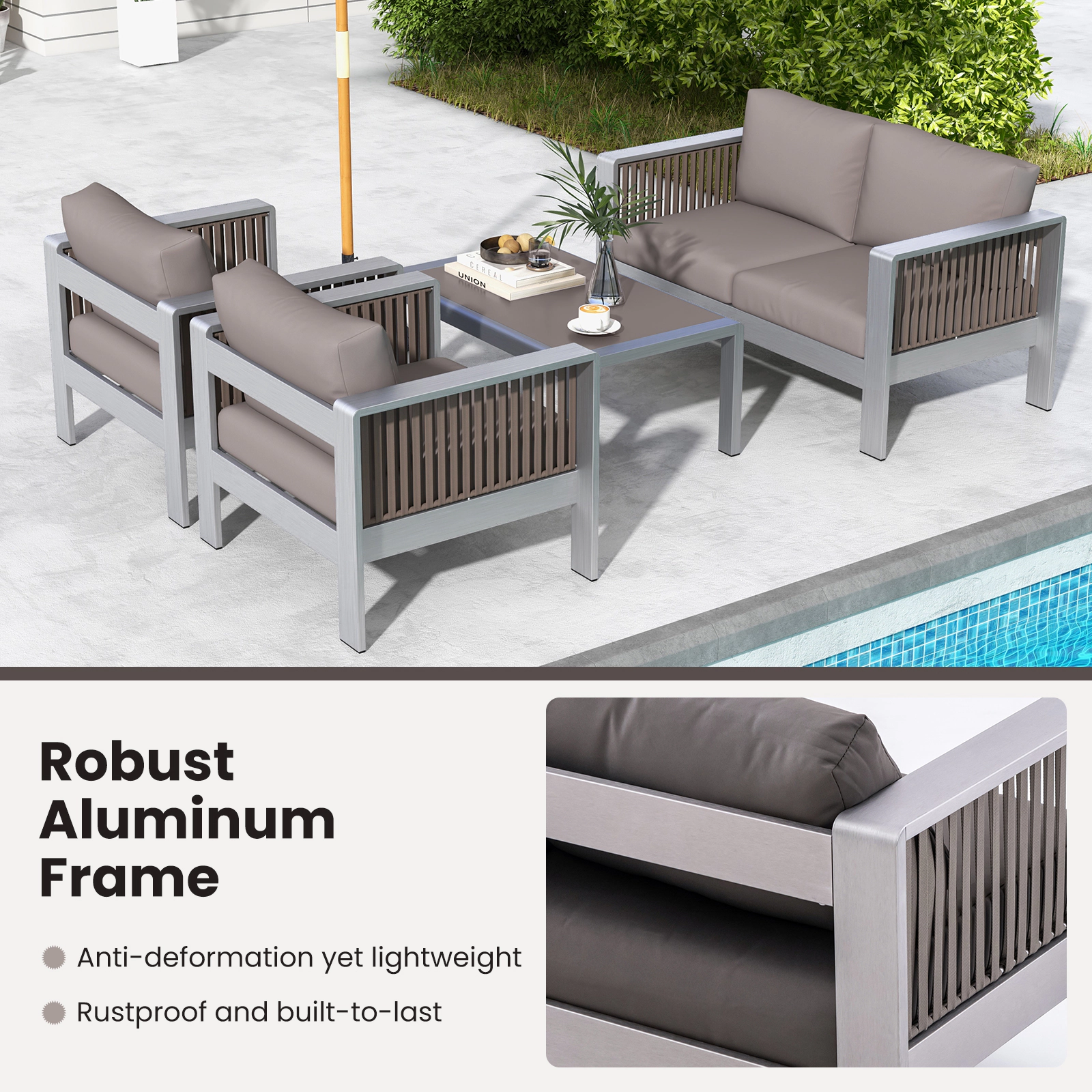 SUGIFT Rustproof Aluminum Patio Armchair with Thick Back and Seat Cushion 330-lb Capacity Gray