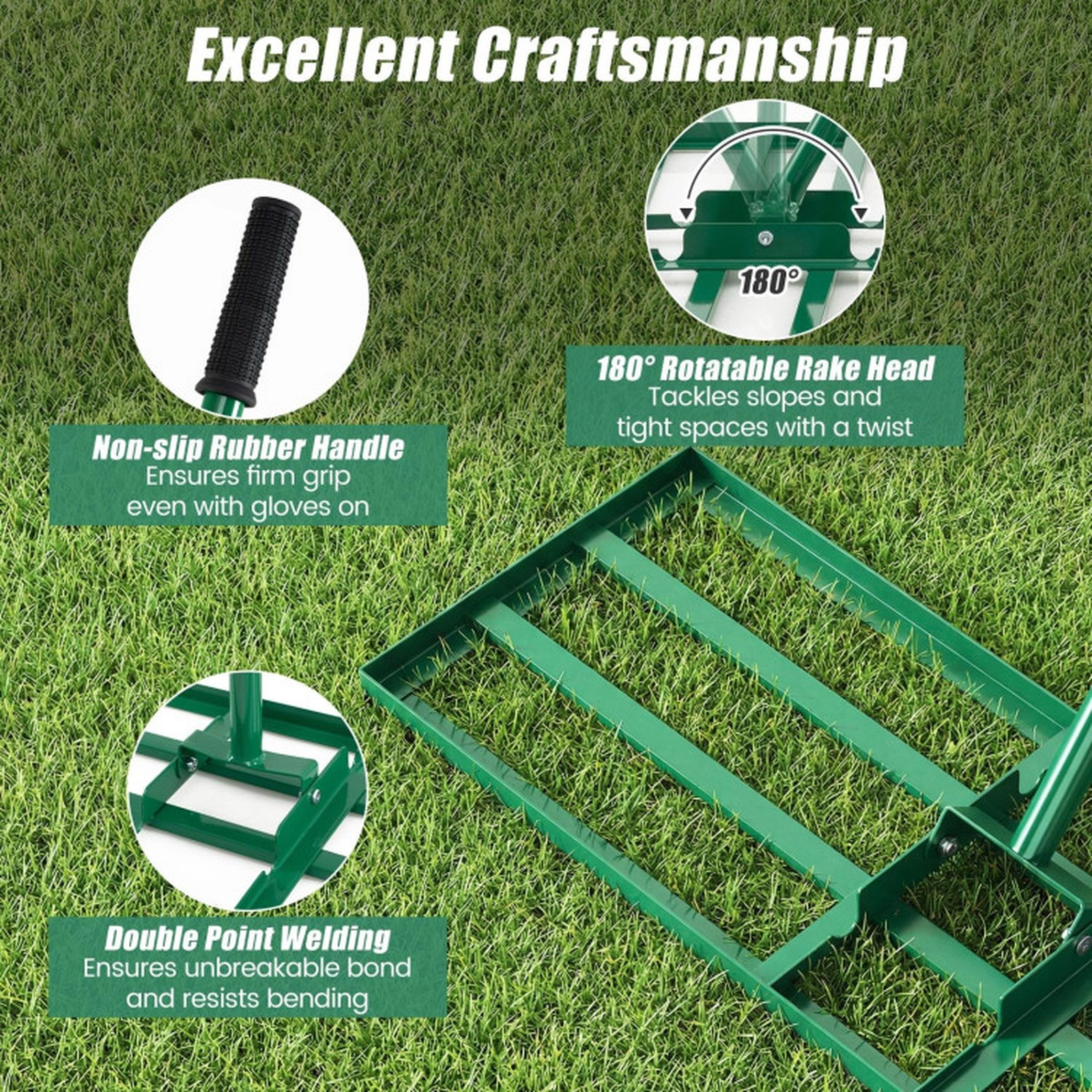 SUGIFT Heavy Duty Lawn Level Tool Leveling Rake with 69-in Handle Green Black Silver