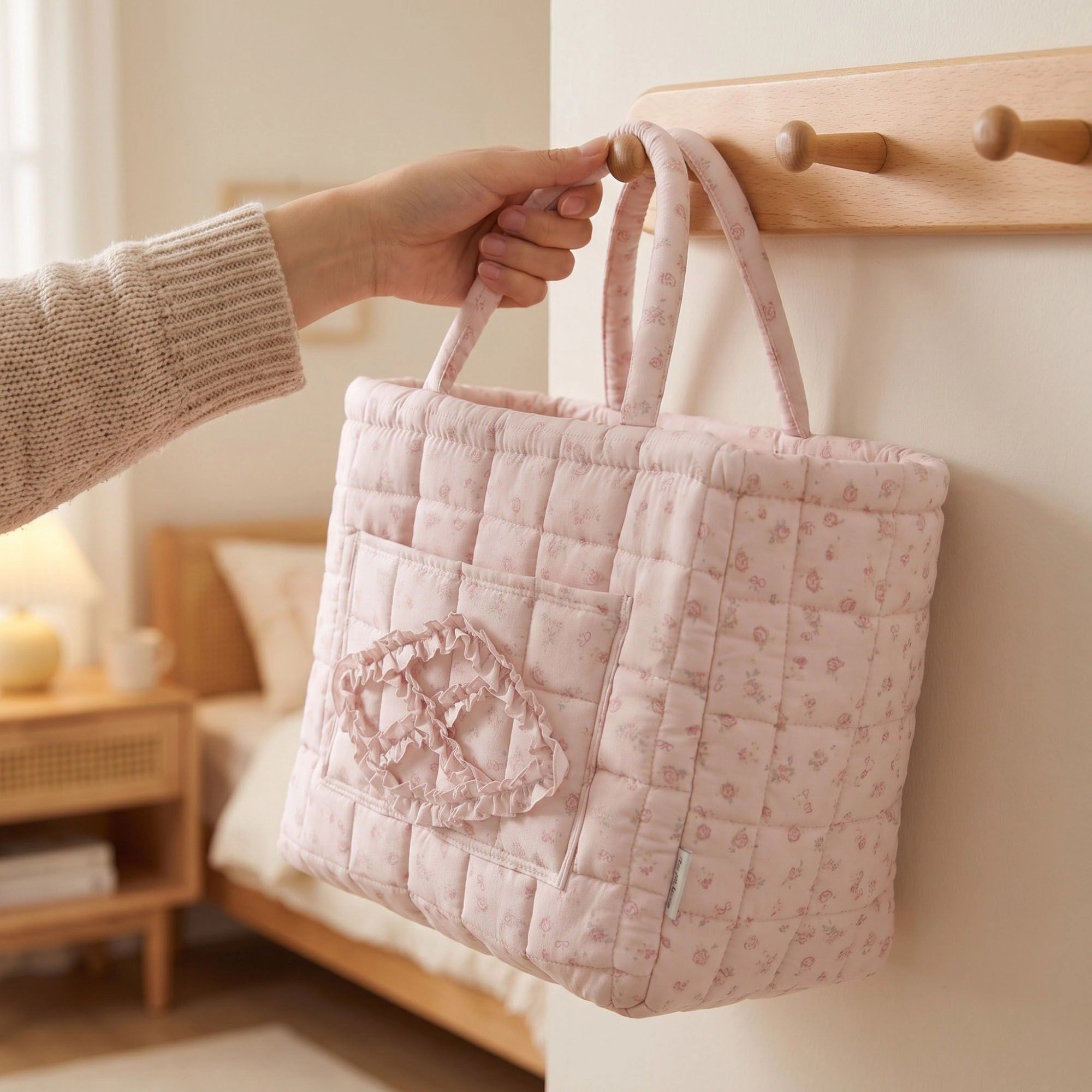 Alilang Unisex Floral Quilted Fabric Storage Tote with Handles and Pocket