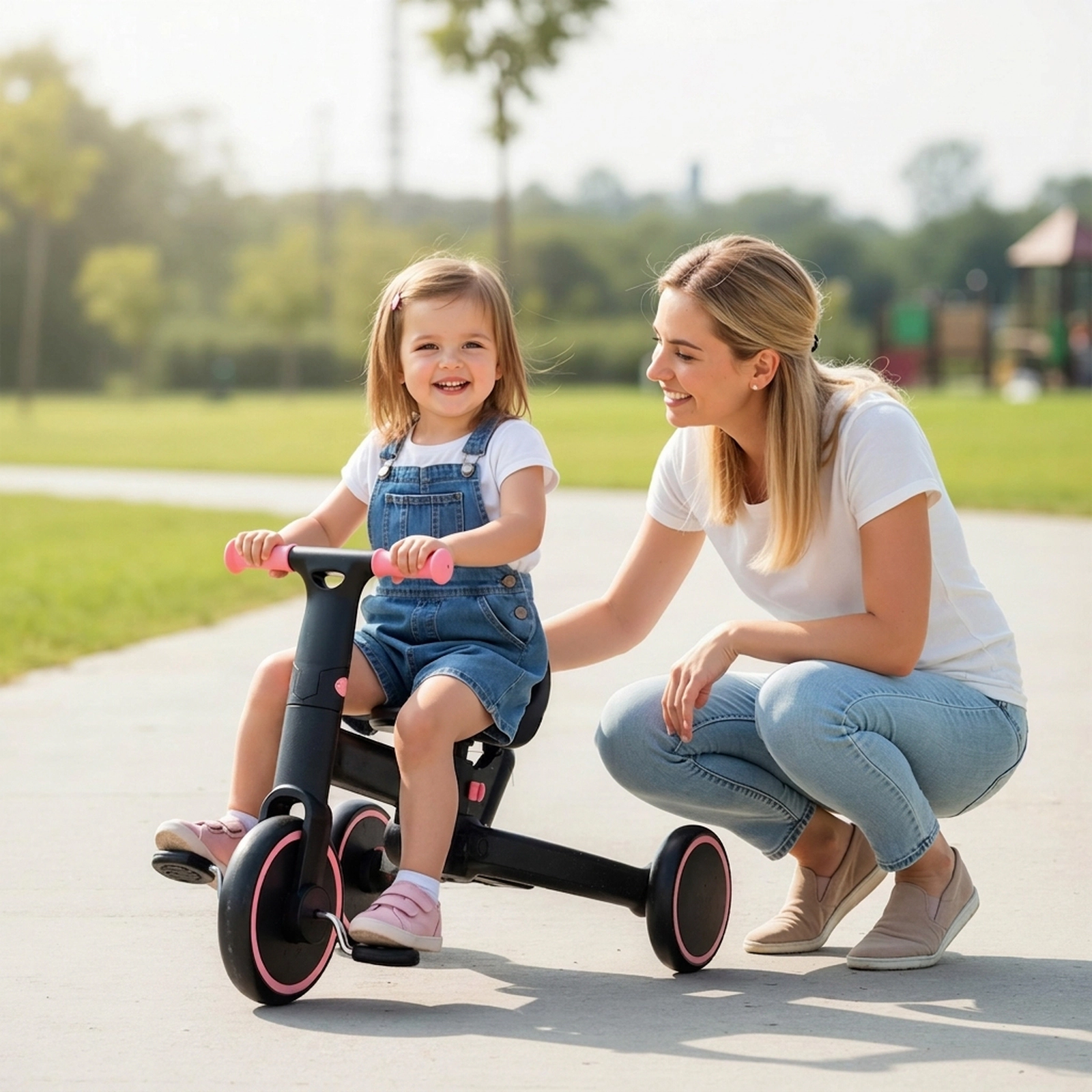 4-in-1 Foldable Toddler Tricycle Parent Steering Push Handle 3 Height Settings Quick-Release Pedals 18-60 Months Pink