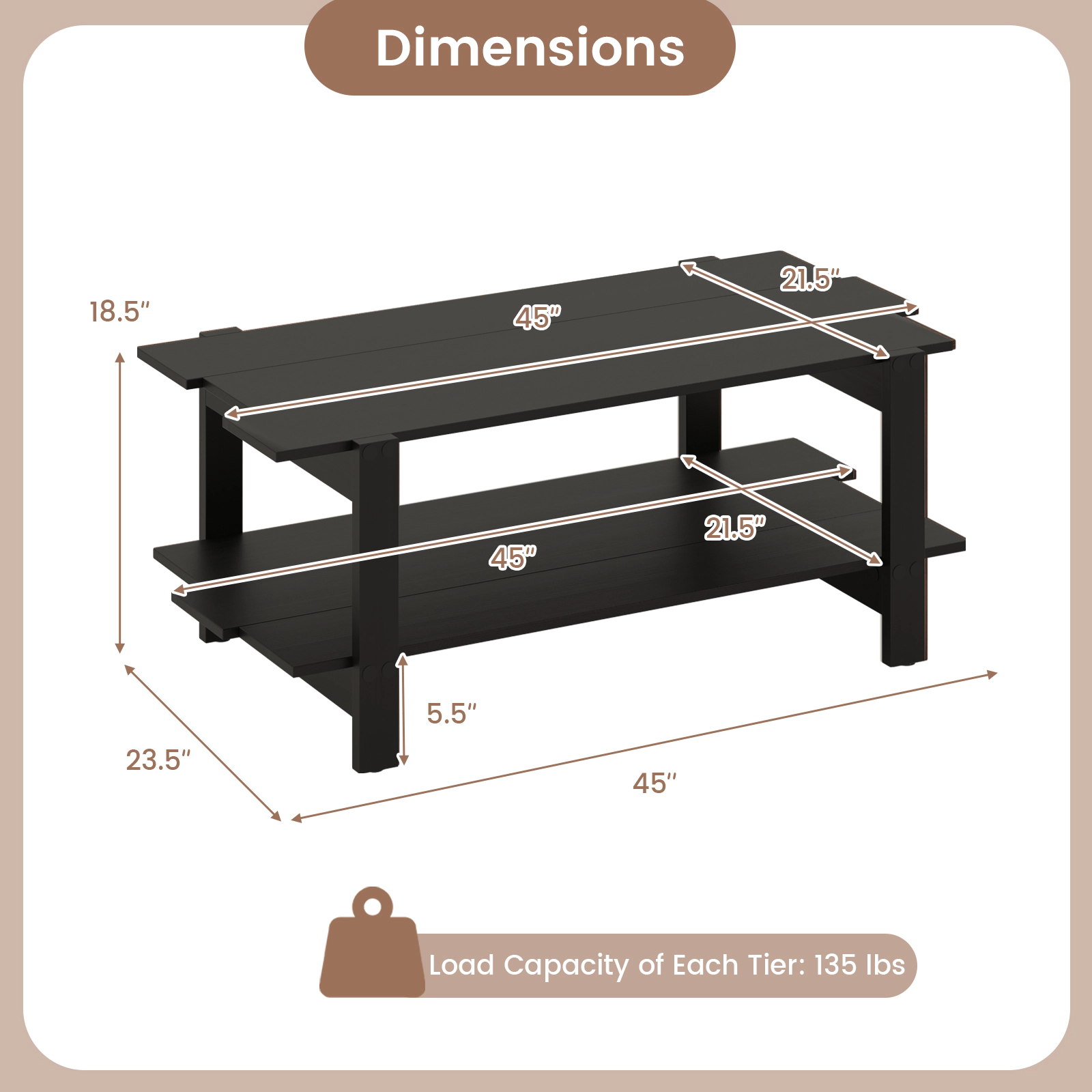 Glintex 2-Tier 45-Inch Slatted Wood Coffee Table with Full-Width Shelf