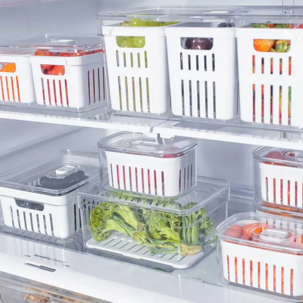 OU Fridge Organizer Bin with Drain Basket and Vented Lid, 5.3qt Clear Stackable Refrigerator Storage Container, BPA Free