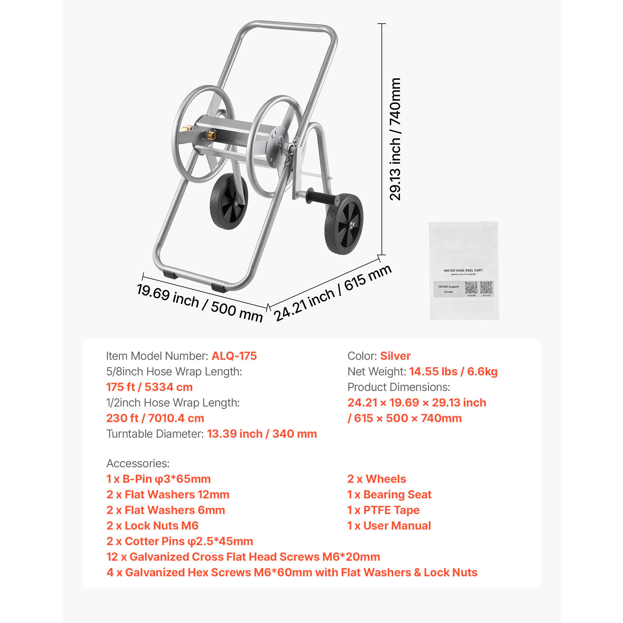 HONGGE Hose Reel Cart Hold of 5/8’’ Hose Garden Water Hose Carts Mobile Tools with 4 Wheels Heavy Duty Powder-coated