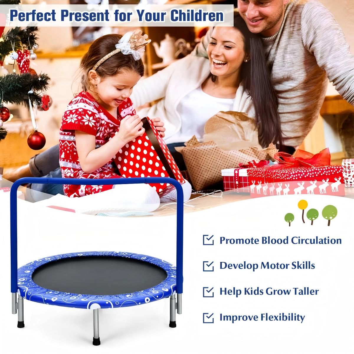 SUGIFT 36-in Kids Mini Trampoline Rebounder Full Covered Handrail 330-lb Capacity Ages 3-10 Foldable 36 x 32 in Blue
