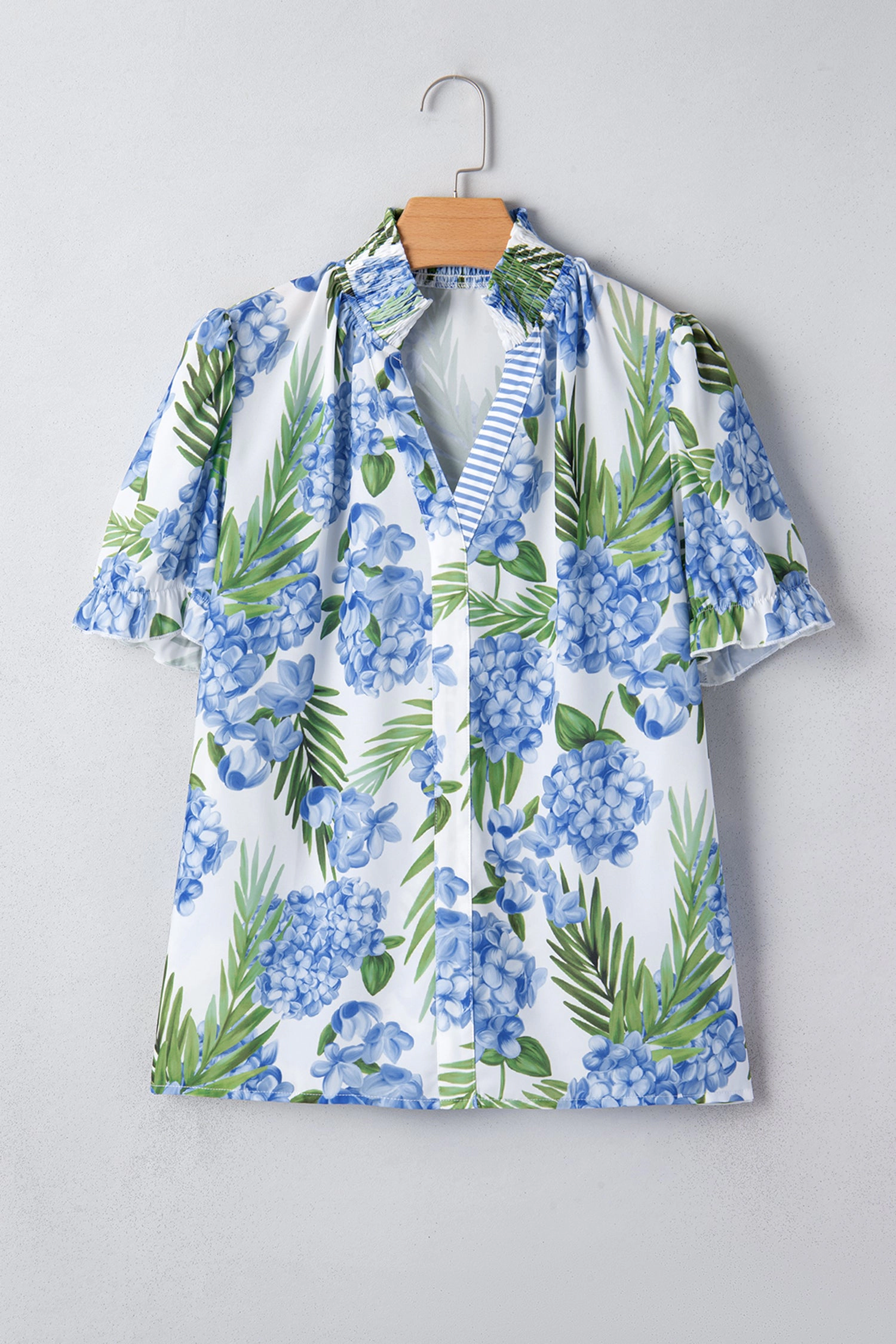 Threaded Pear Sky Blue Palm Floral V-Neck Short Sleeve Blouse