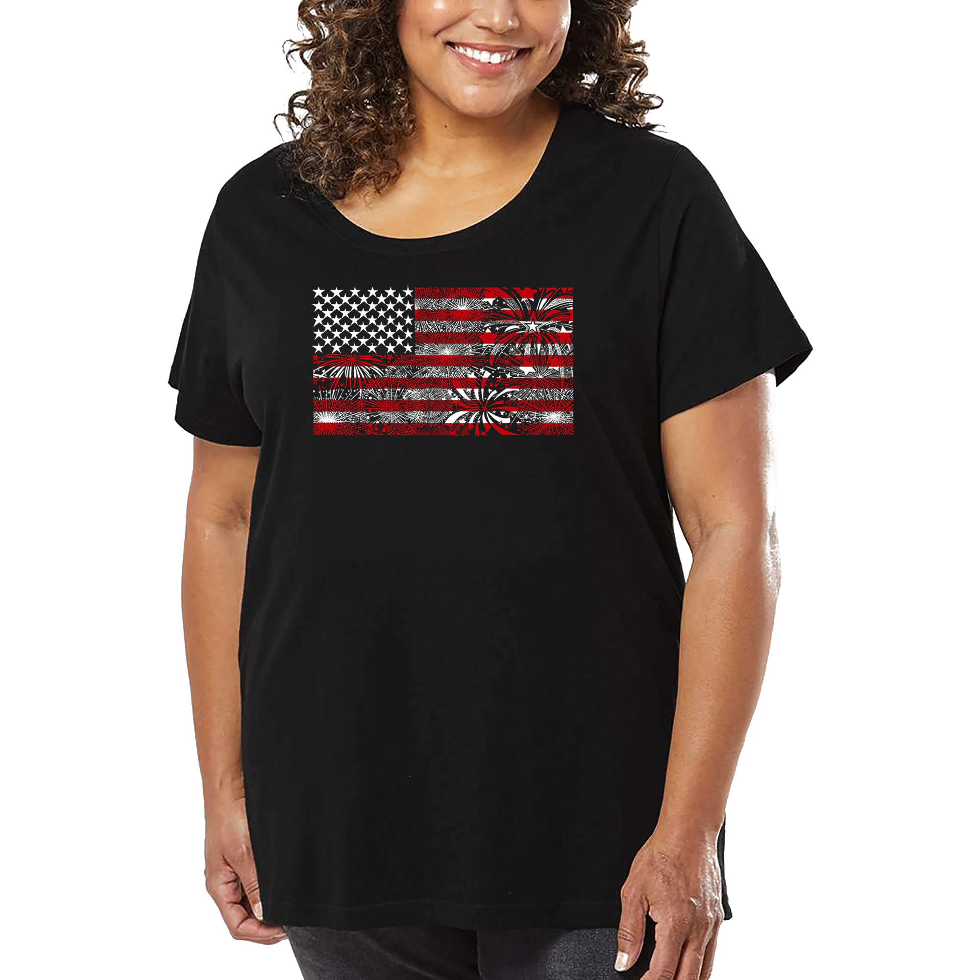 LA Pop Art Women's Plus Word T-Shirt - Fireworks American Flag