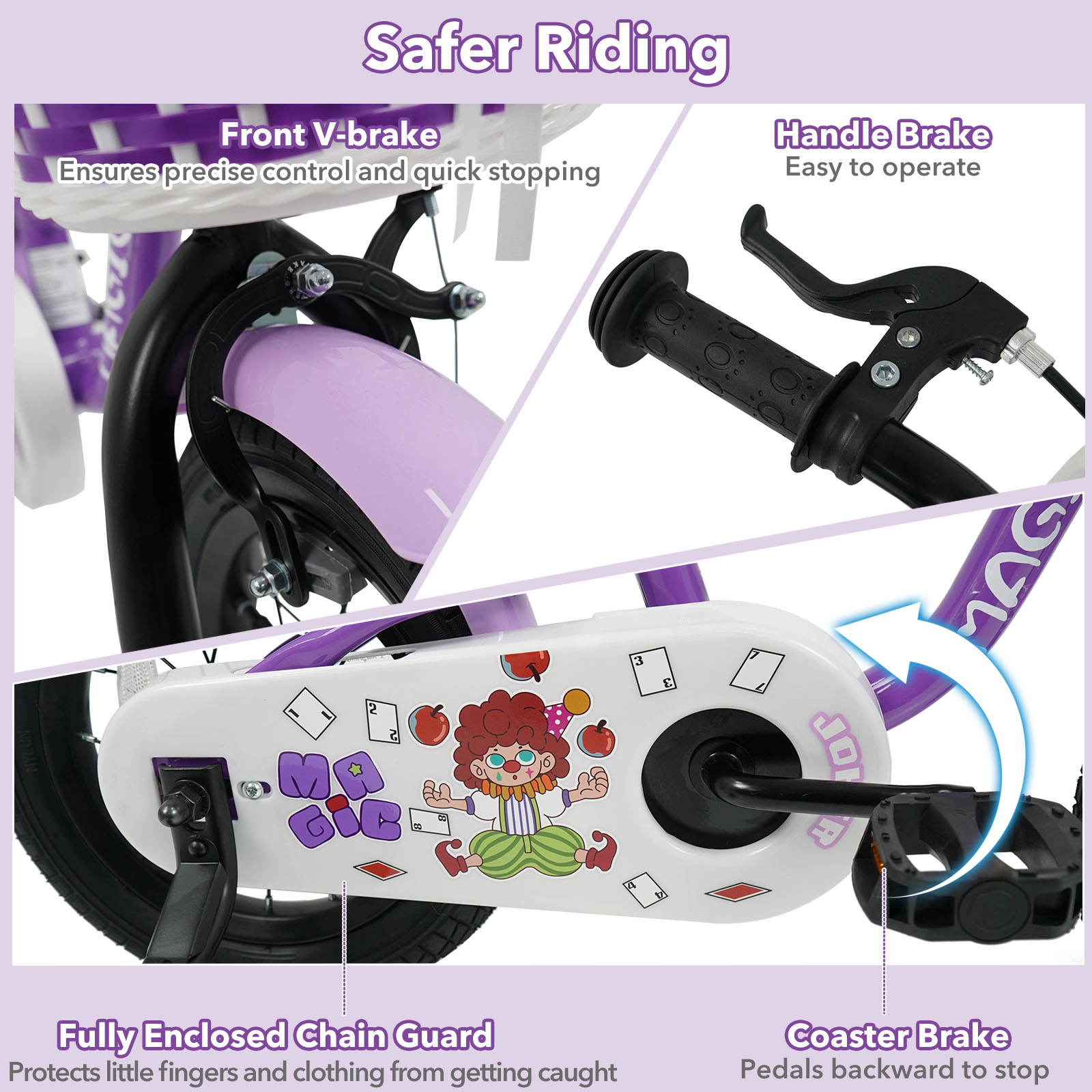 12-in Kids Bike Ages 3-4 Purple Toddler Bicycle Hand Brake Coaster Brake Mudguards 110-lb Capacity