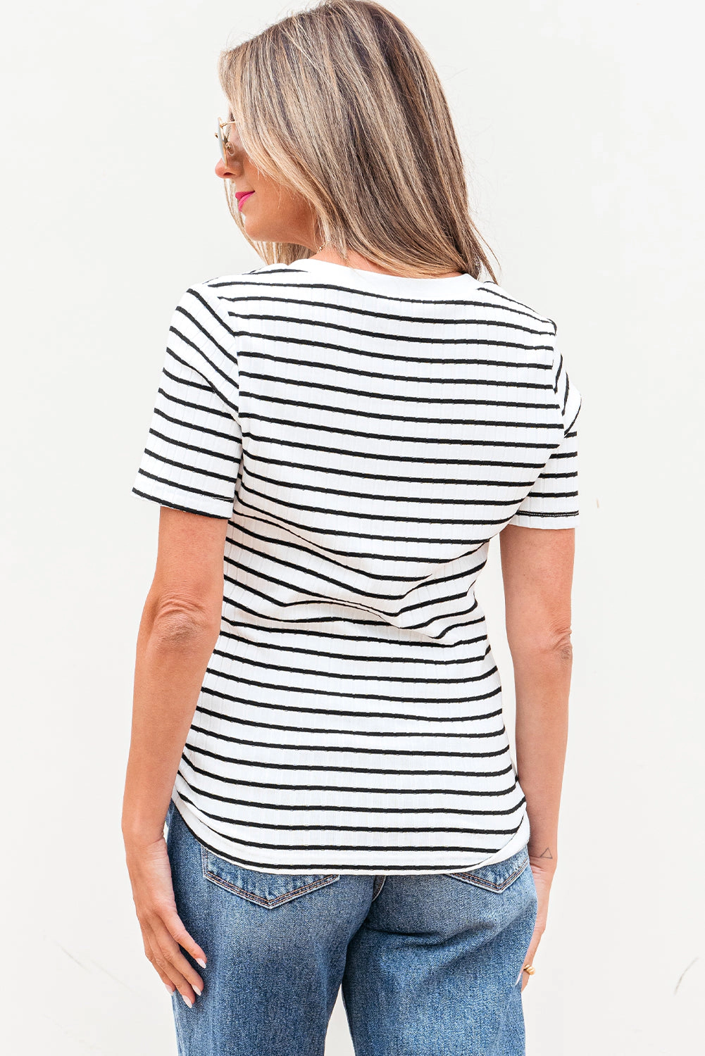Threaded Pear Women's Marleigh Stripe Textured Buttoned Henley Top