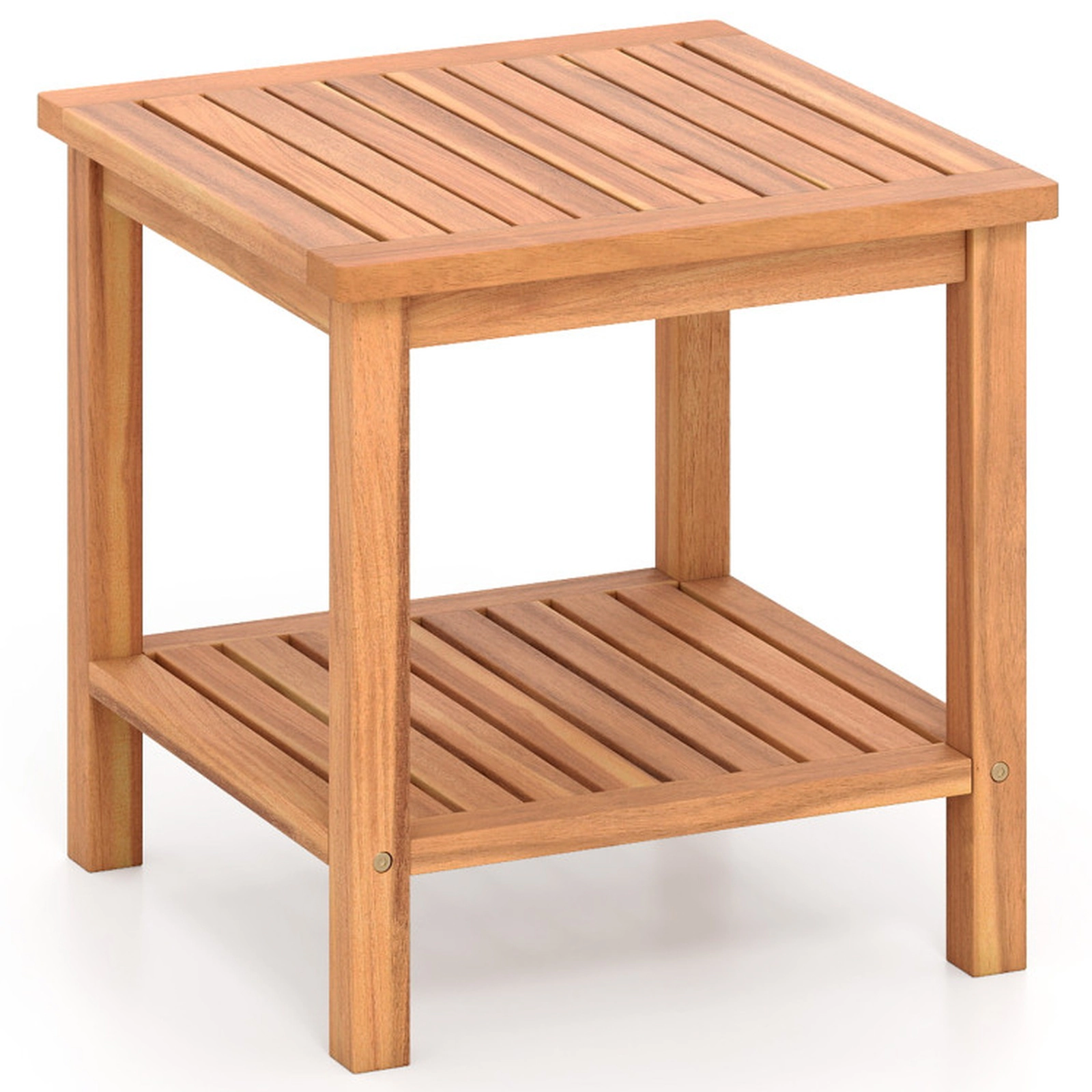 SUGIFT 2-Tier Patio Side Table with Slatted Tabletop and Storage Shelf 165-lb Capacity Natural