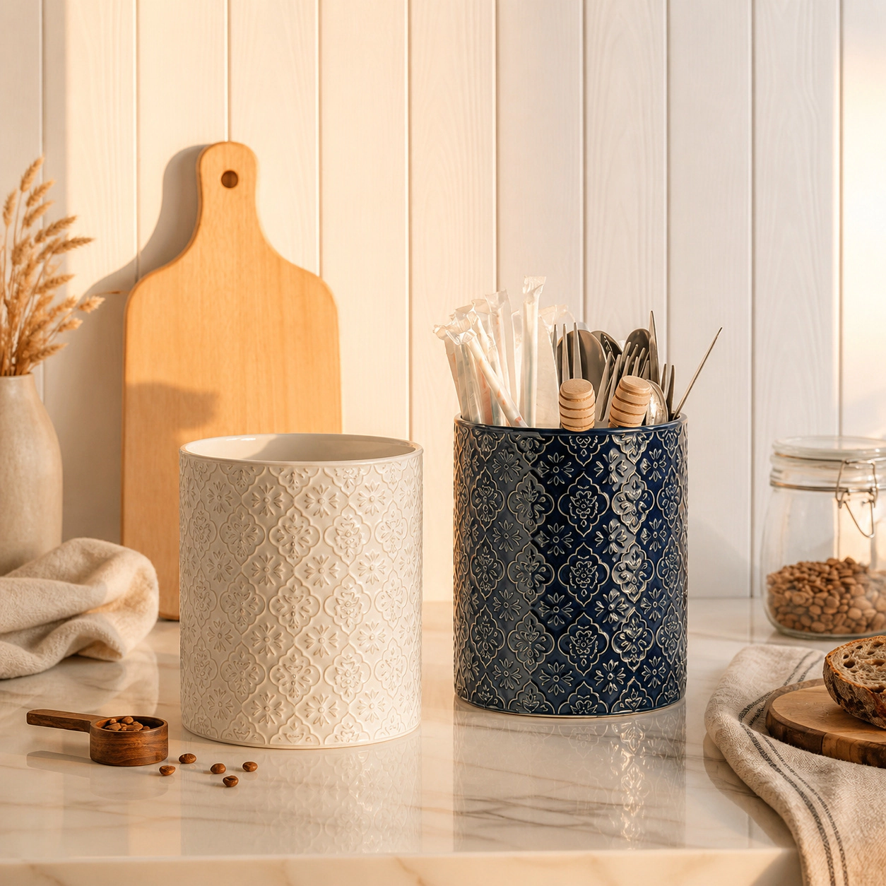 WZK Large Ceramic Embossed Crock Kitchen Utensil Holder