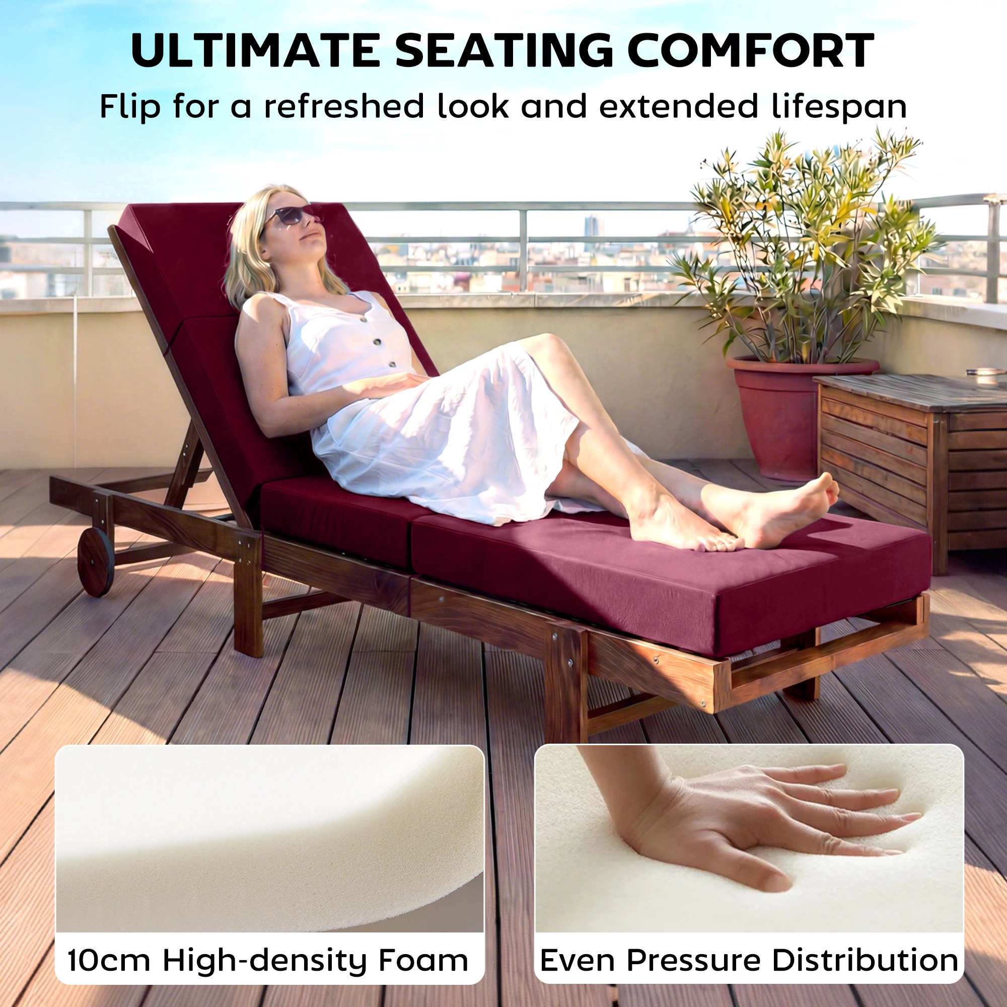 HONGGE Chaise Lounge Cushion 4" Thick Outdoor Chair with Ties for Patio 21" x 72"