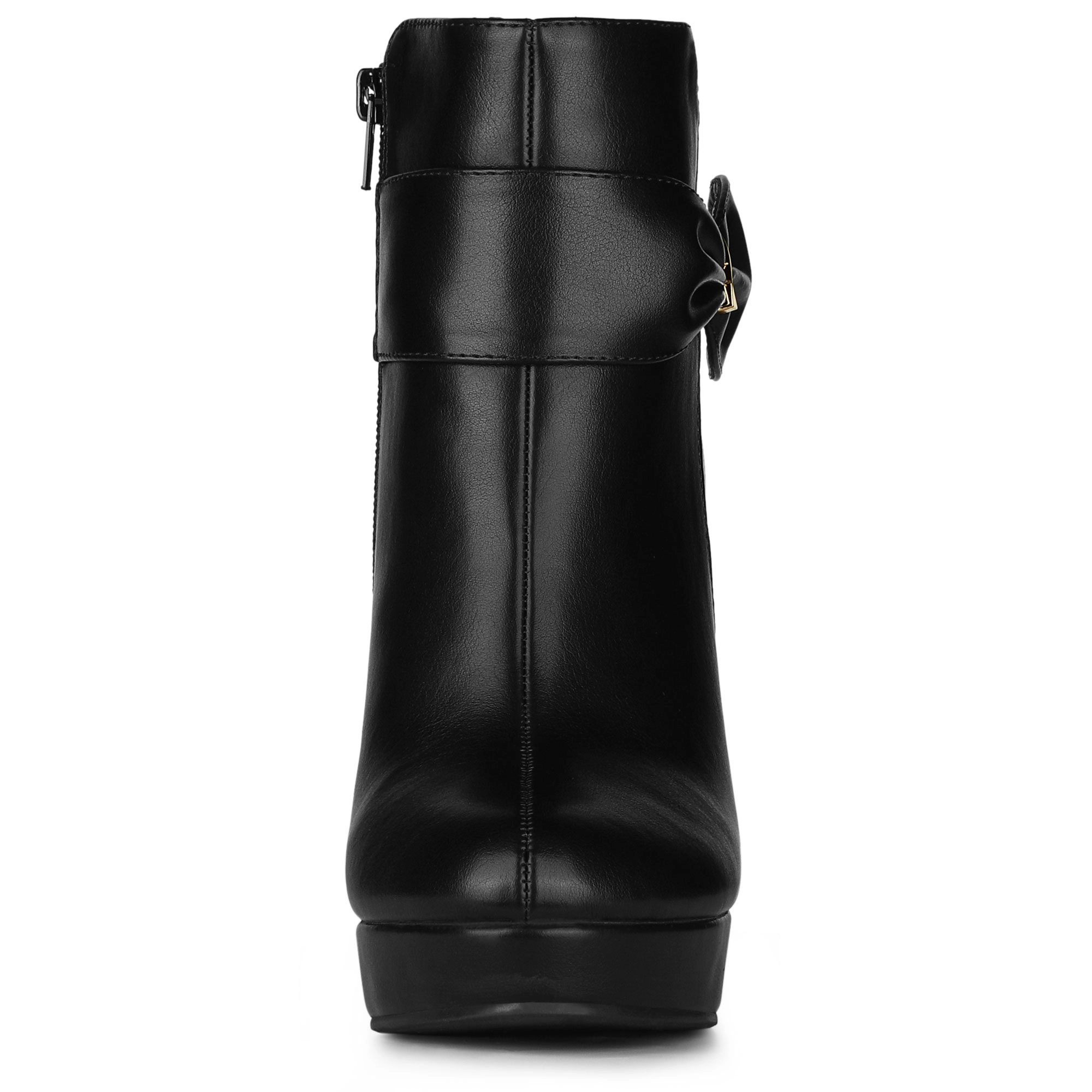BLISSFUL STEP Women Chunky High Heels Platform Bow Decor Ankle Boots