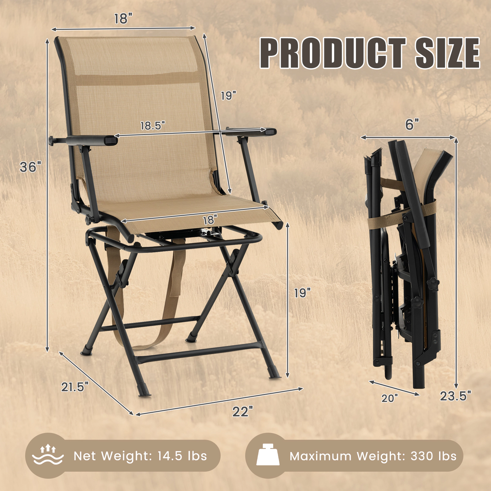 SUGIFT Coffee Folding Swivel Patio Chair with Armrests and Mesh Back 22-in W 21.5-in D 36-in H 330-lb Seat Capacity