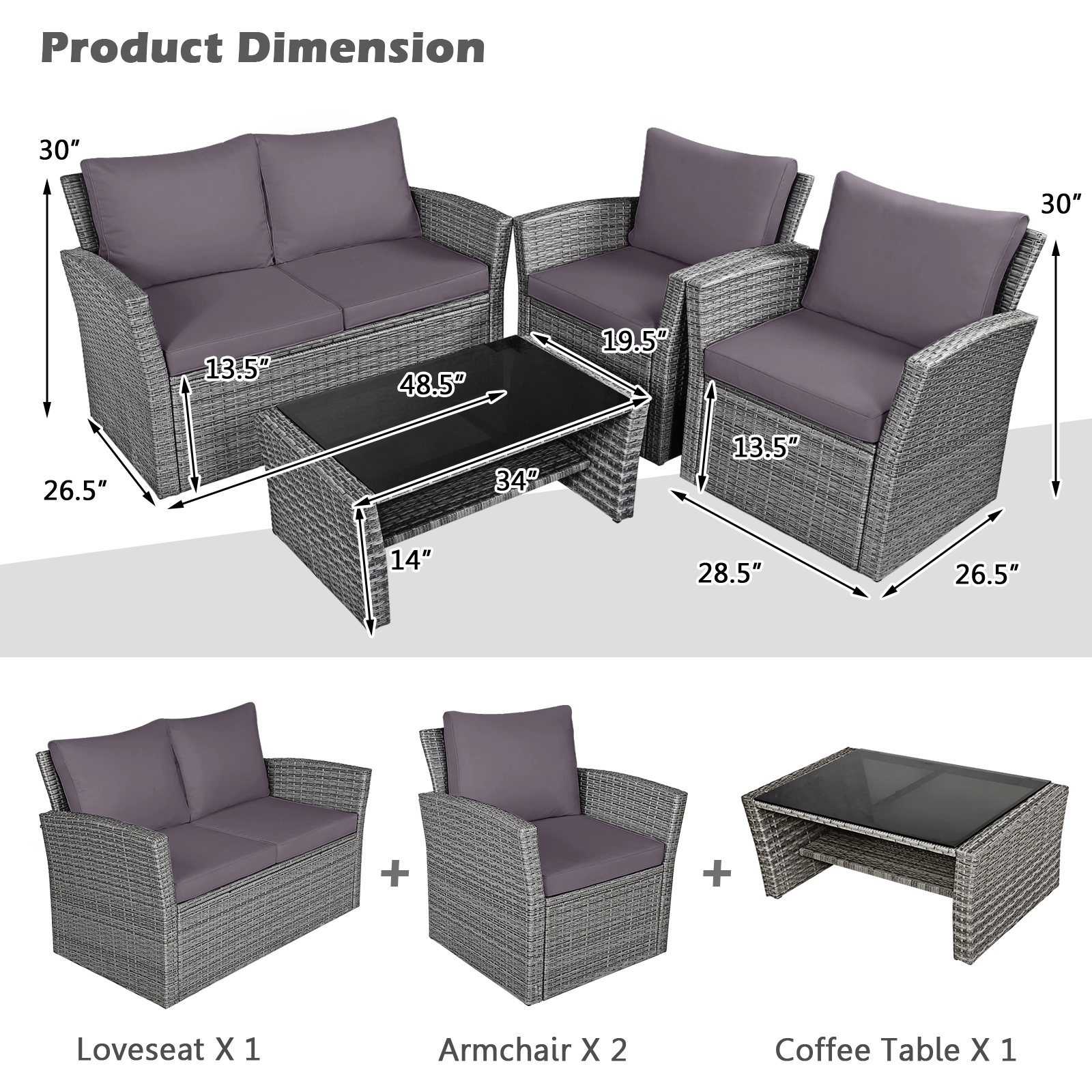 SUGIFT Gray Storage Shelf Coffee Table and Cushions 4-Piece Patio Rattan Sofa Set