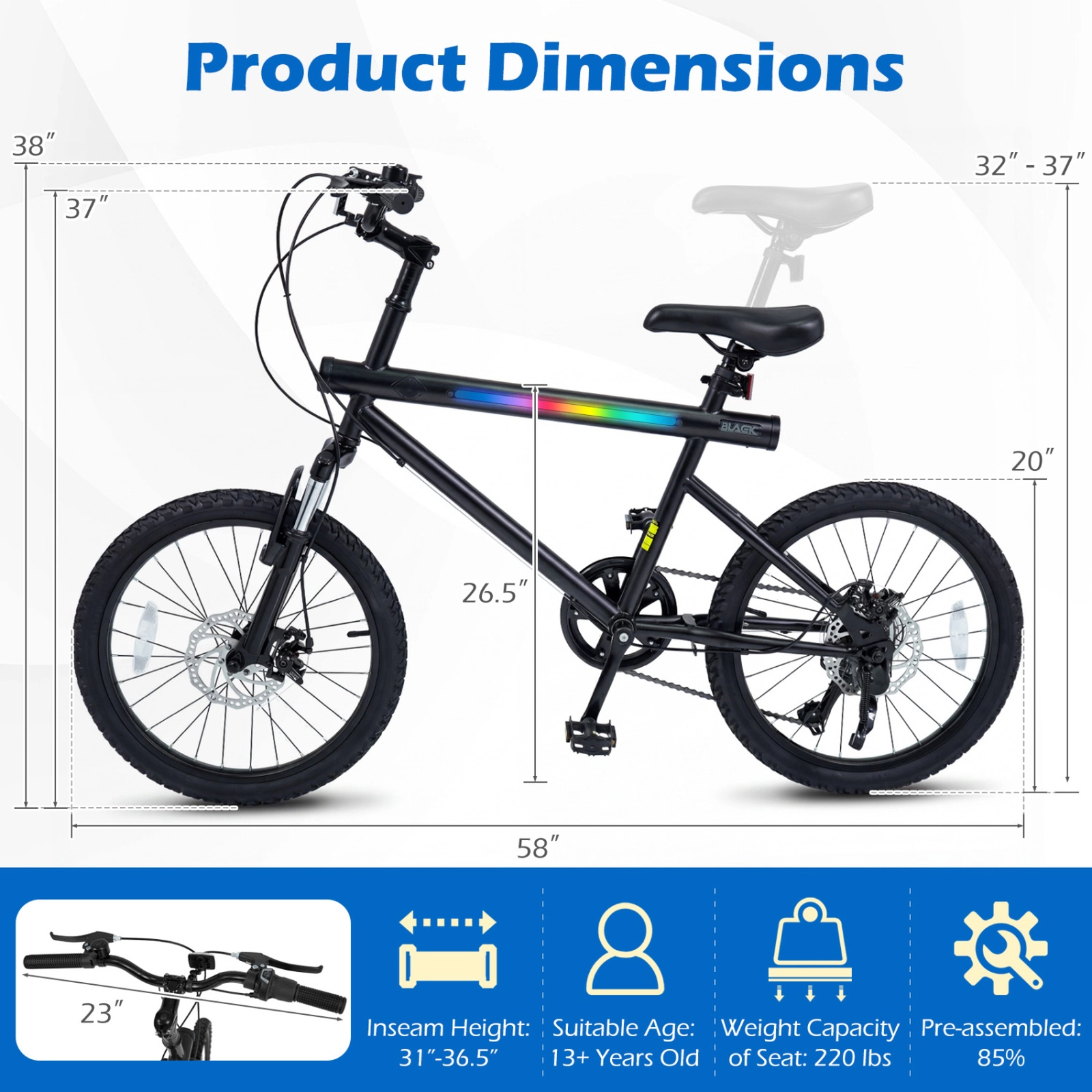 SUGIFT 20-in Silver Teens Kids Bike with LED Lights Stereo Speakers and 6-Speed Shimano Shifting
