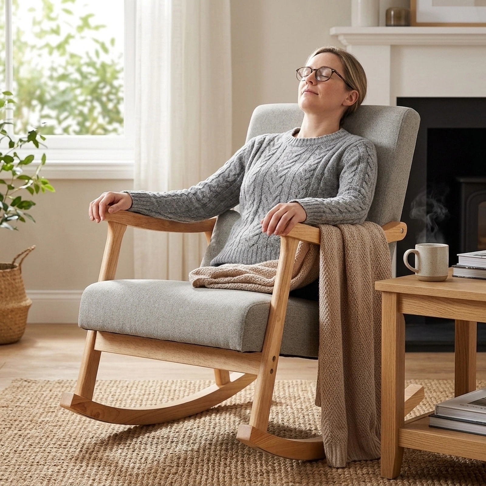 SUGIFT Gray Upholstered Rocking Chair with Lumbar Pillow, 5-Inch Cushion, Spring Seat, Rubber Wood Frame