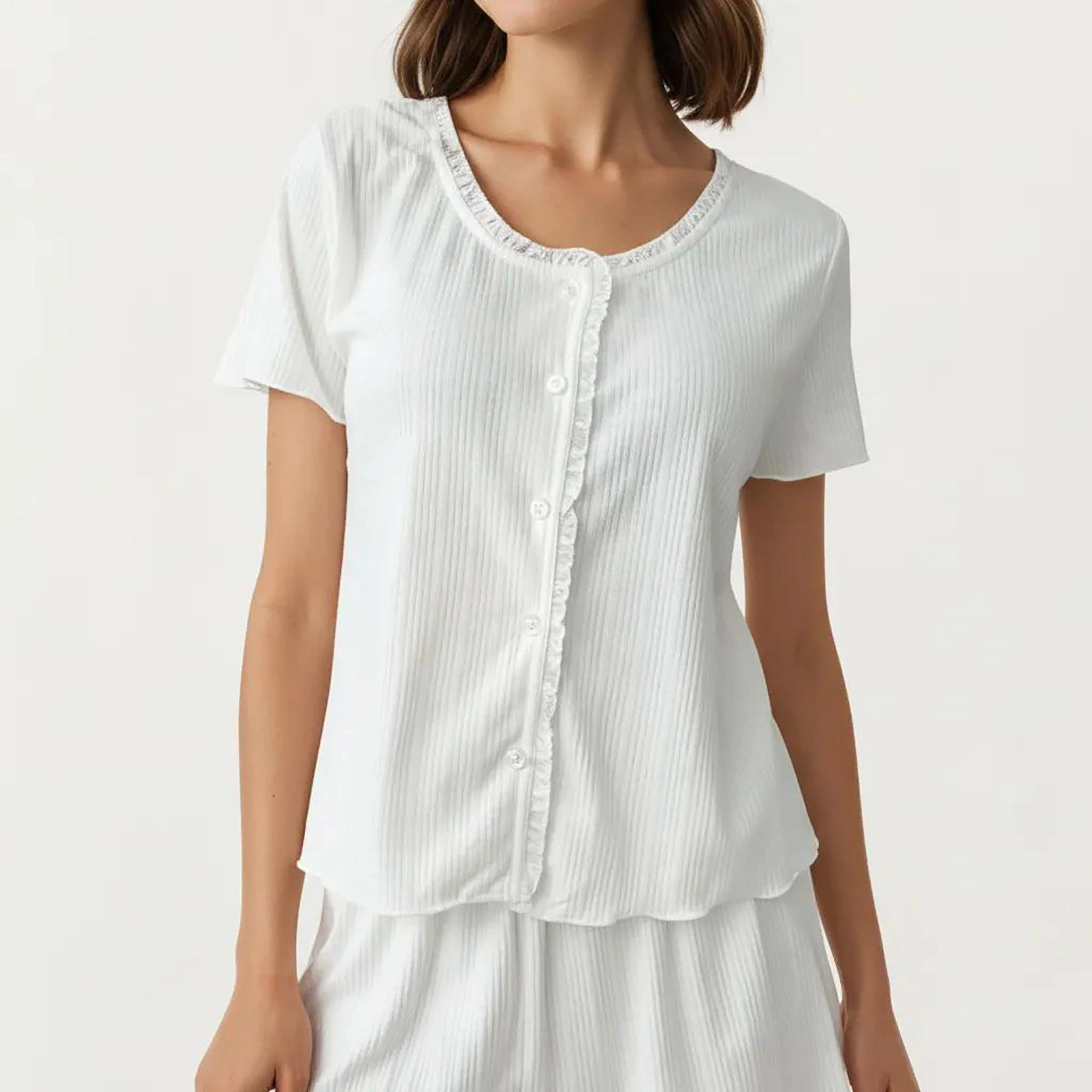Anna-Kaci Women's 2-Piece Button Front Pajama Top with Round Neck and Relaxed Fit Shorts Textured Sleepwear Set