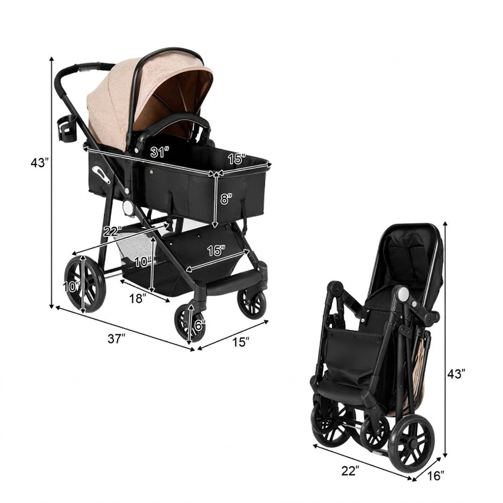 SUGIFT Baby Light Brown 2-in-1 Foldable Stroller with Reversible Bassinet 37-in W 43-in H 33-lb Seat Capacity