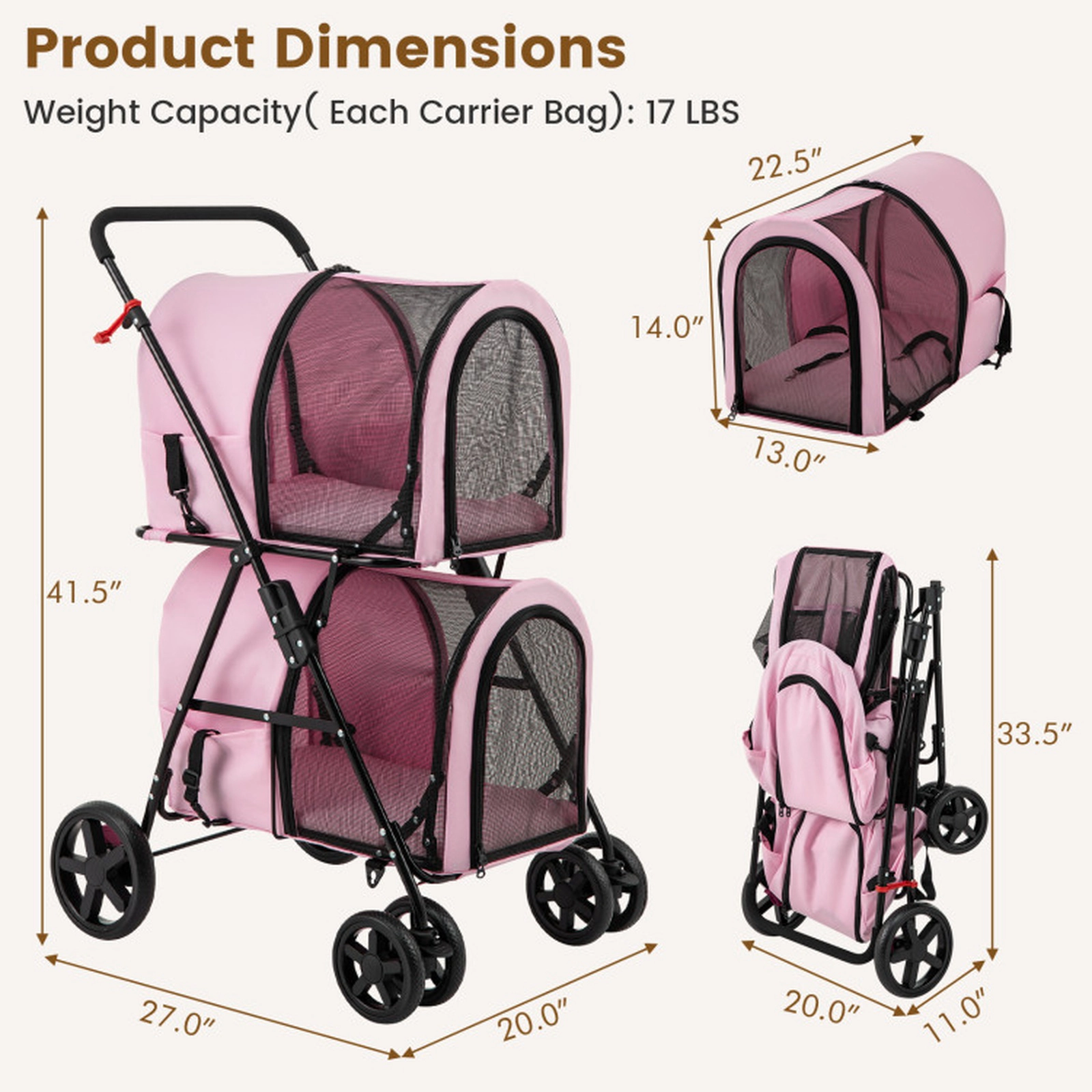 SUGIFT 4-in-1 Double Pet Stroller and Pet Bed Carrier Crate Car Seat 17-lb Capacity Double Layer Beige Blue Black