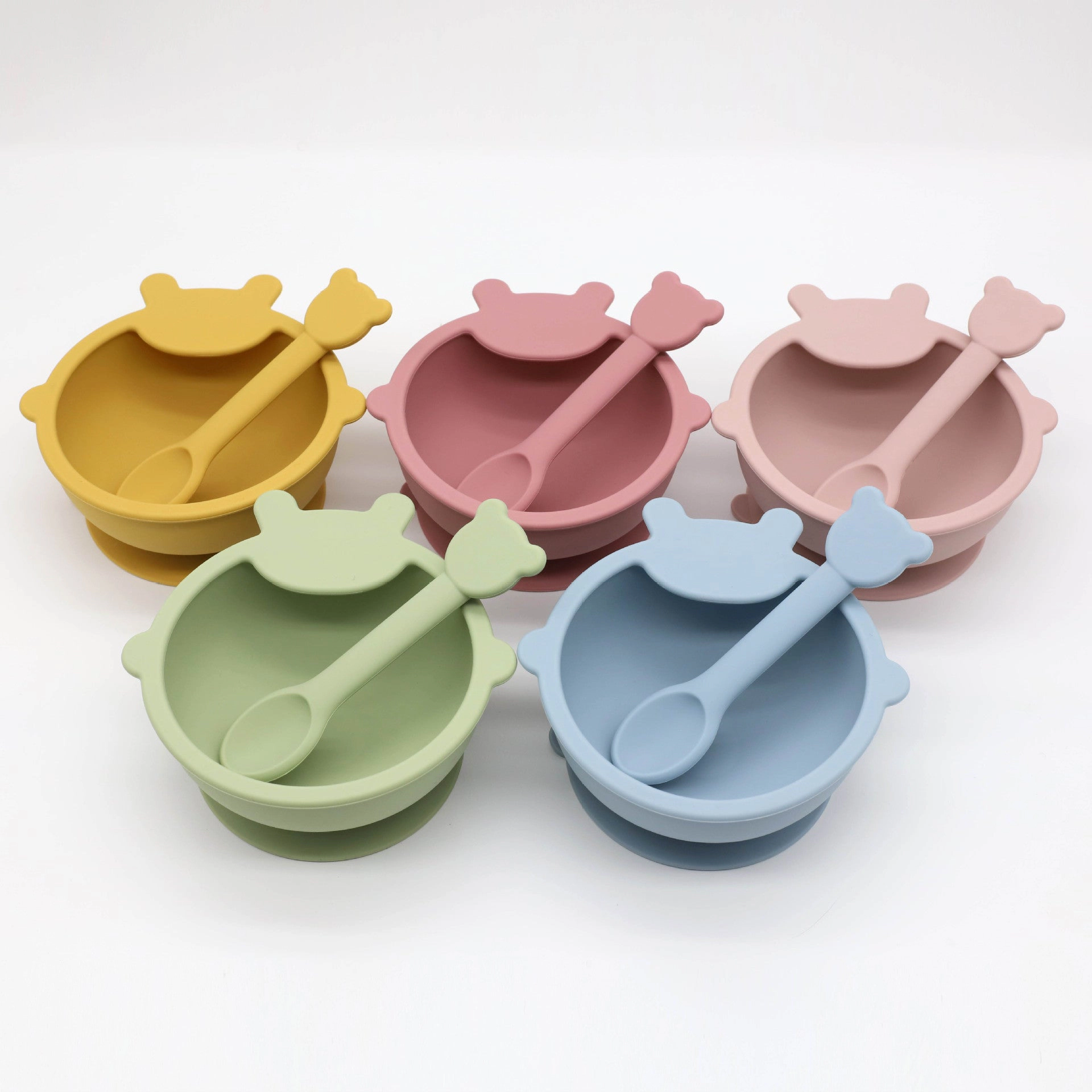 MyKids-USA Baby Cartoon Bear Shape Complementary Food Training Silicone Bowl With Spoon Sets