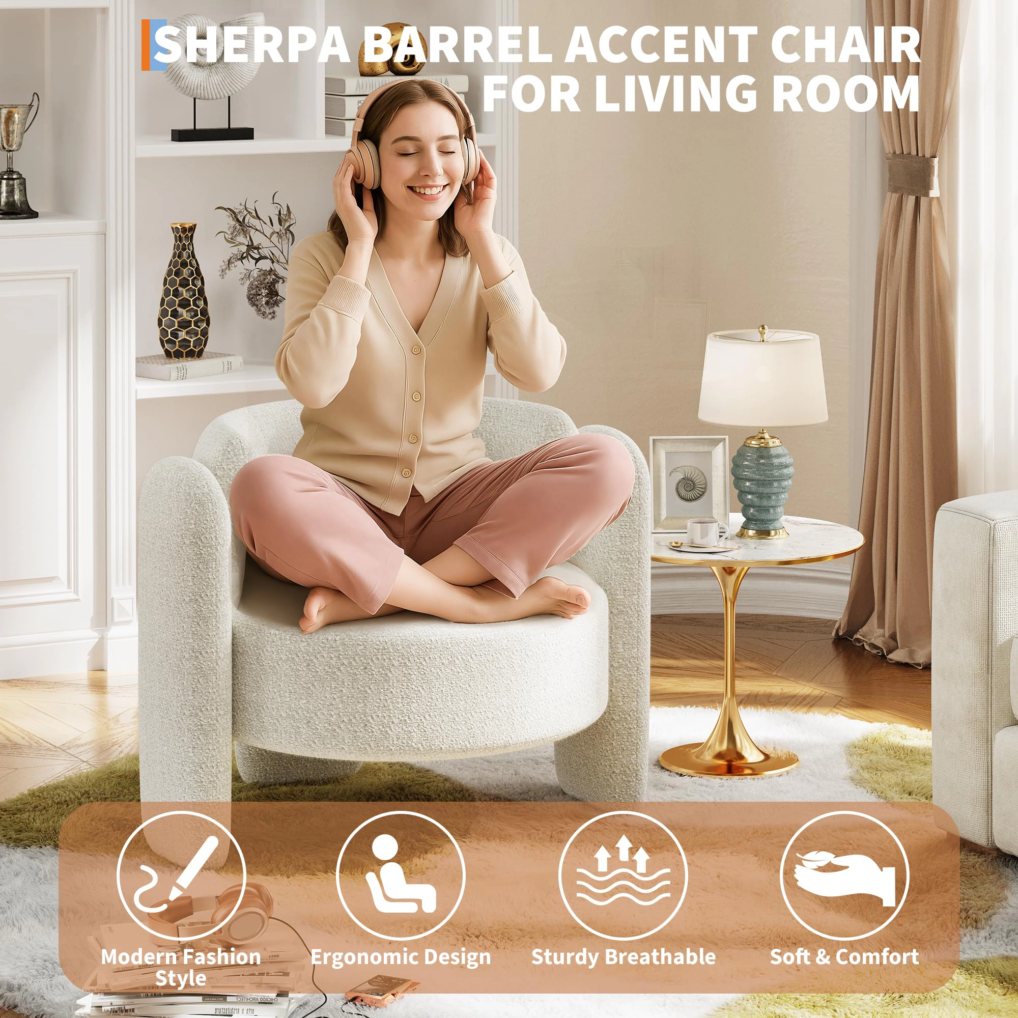 BebreezChic Modern Barrel Accent Chair Set of 2, Mid-Century Upholstered Chairs with Round Armrests & Open Back