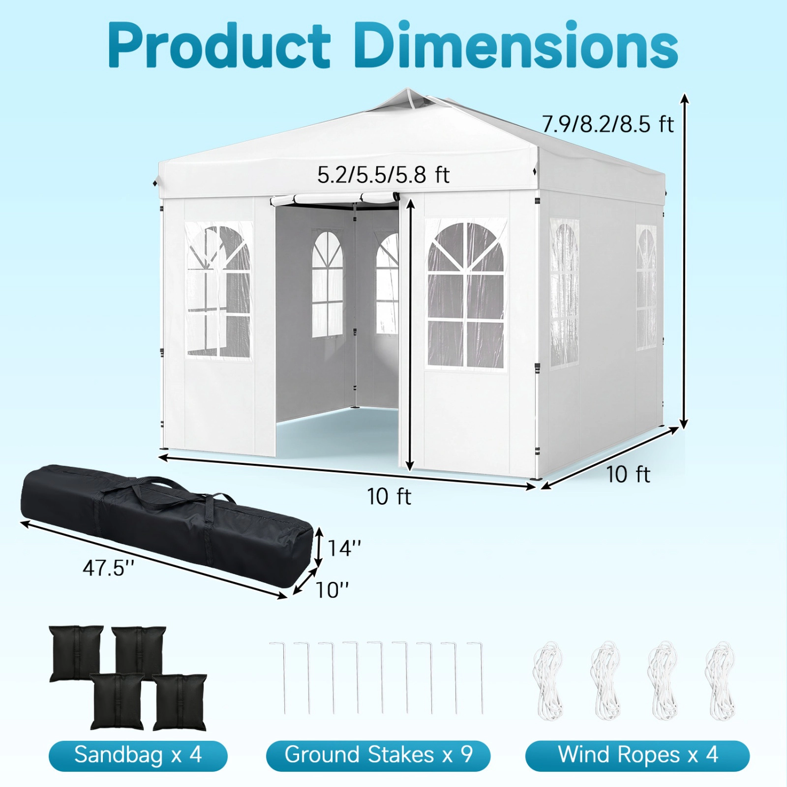 SUGIFT White Reflective Pop Up Canopy Tent with 4 Zip On Sidewalls and 9 Ground Stakes 10-ft W 10-ft D 8.5-ft H