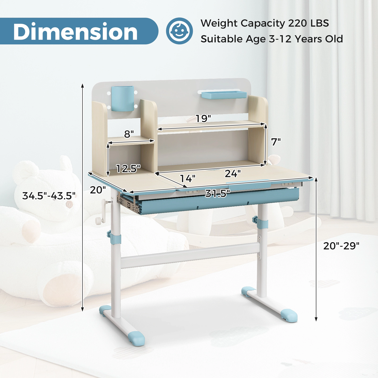 SUGIFT 7-Level Tilt Desktop and Hutch for Ages 3-12 Height Adjustable Kids Study Desk