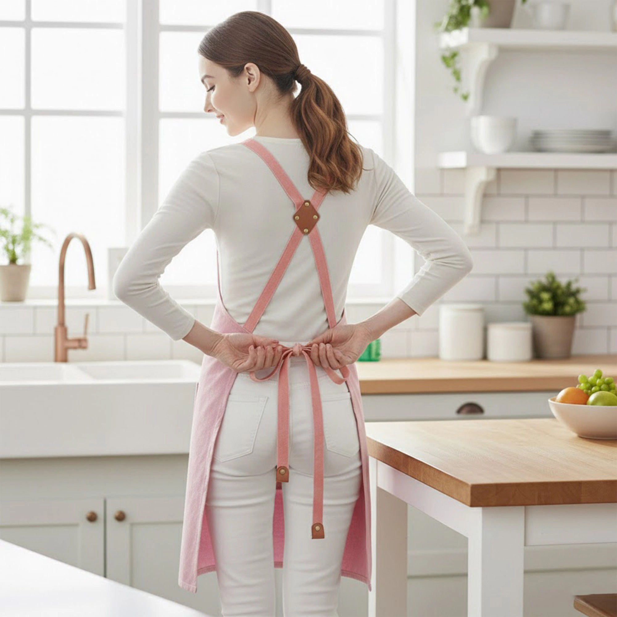 Alilang Women Adjustable Cross Back Utility Kitchen Apron with Faux Leather Strap Accents and Multi Pocket Storage Desig