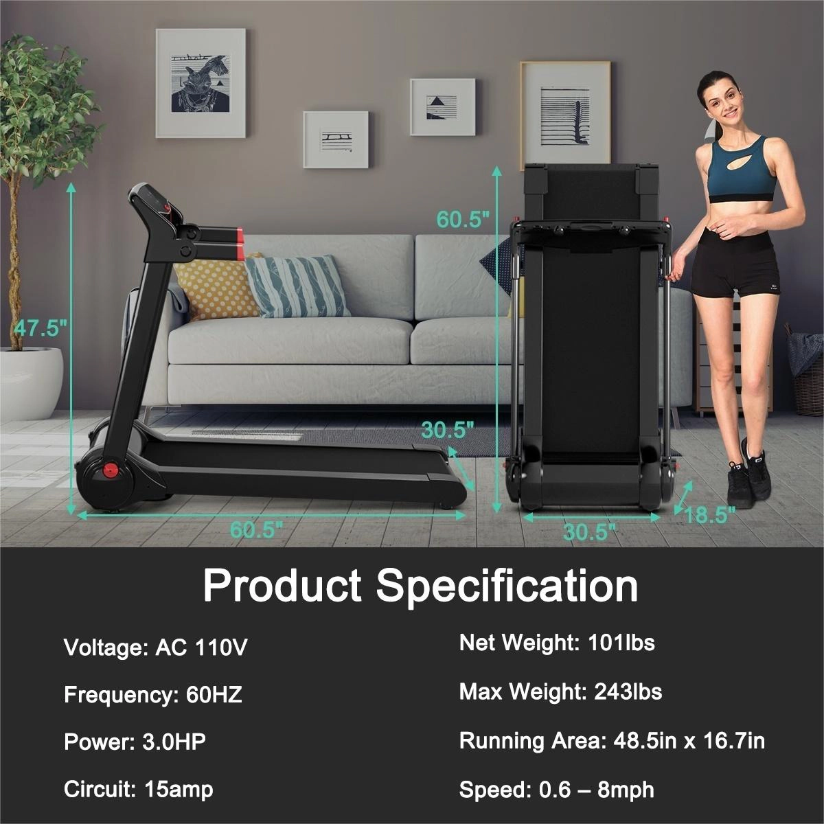 SUGIFT Red 3-HP Electric Folding Treadmill with Bluetooth Speaker 60.5-in W 30.5-in D 242.5-lb User Capacity