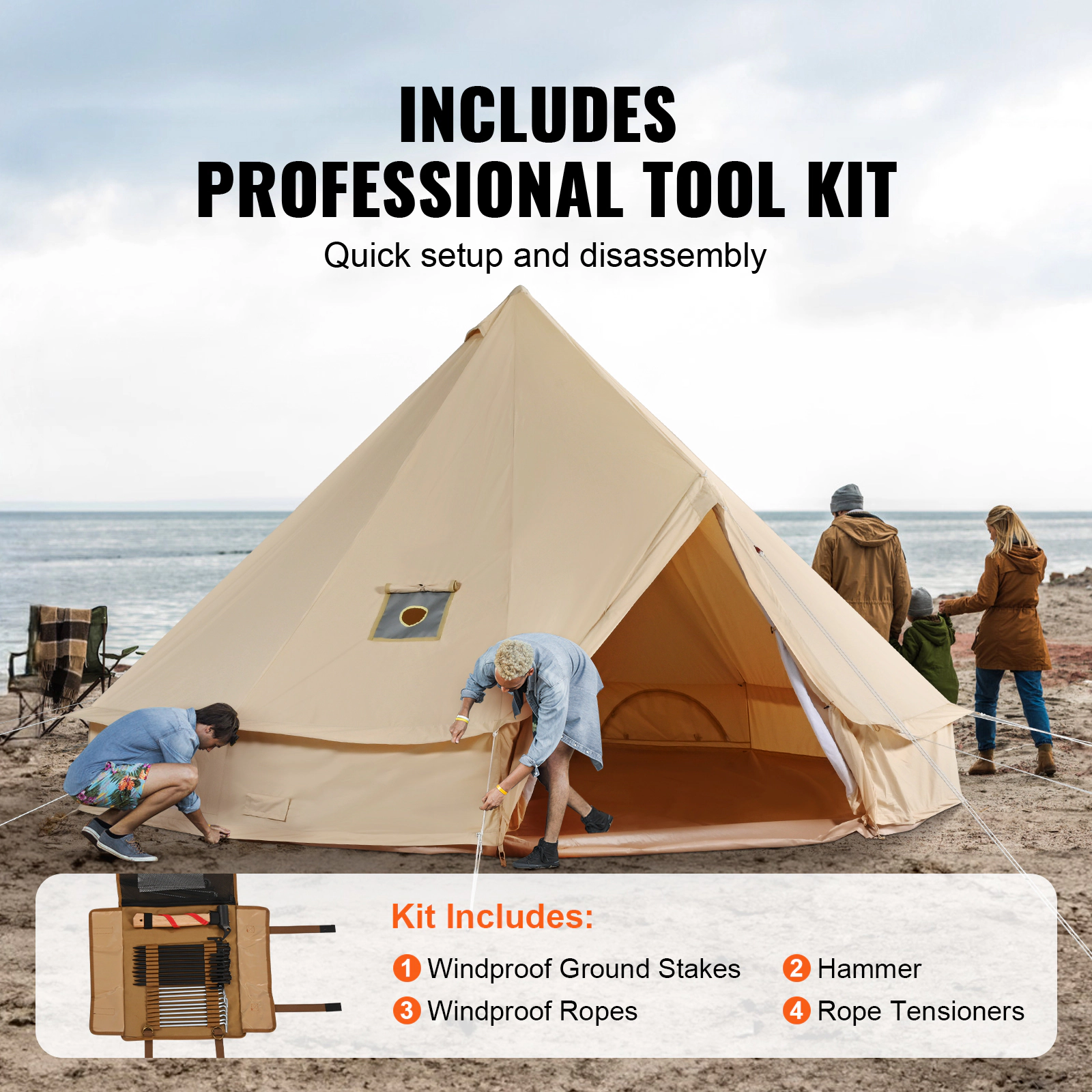 HONGGE Canvas Bell Tent 4 Seasons m/ Yurt Tent Canvas Tent for Camping with Stove Jack Breathable Tent Holds Family