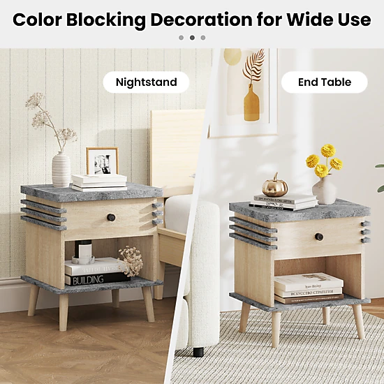 Glintex 3-Tier Nightstand with Antique Grey Faux Marble Top and Rubber Wood Legs, Gray