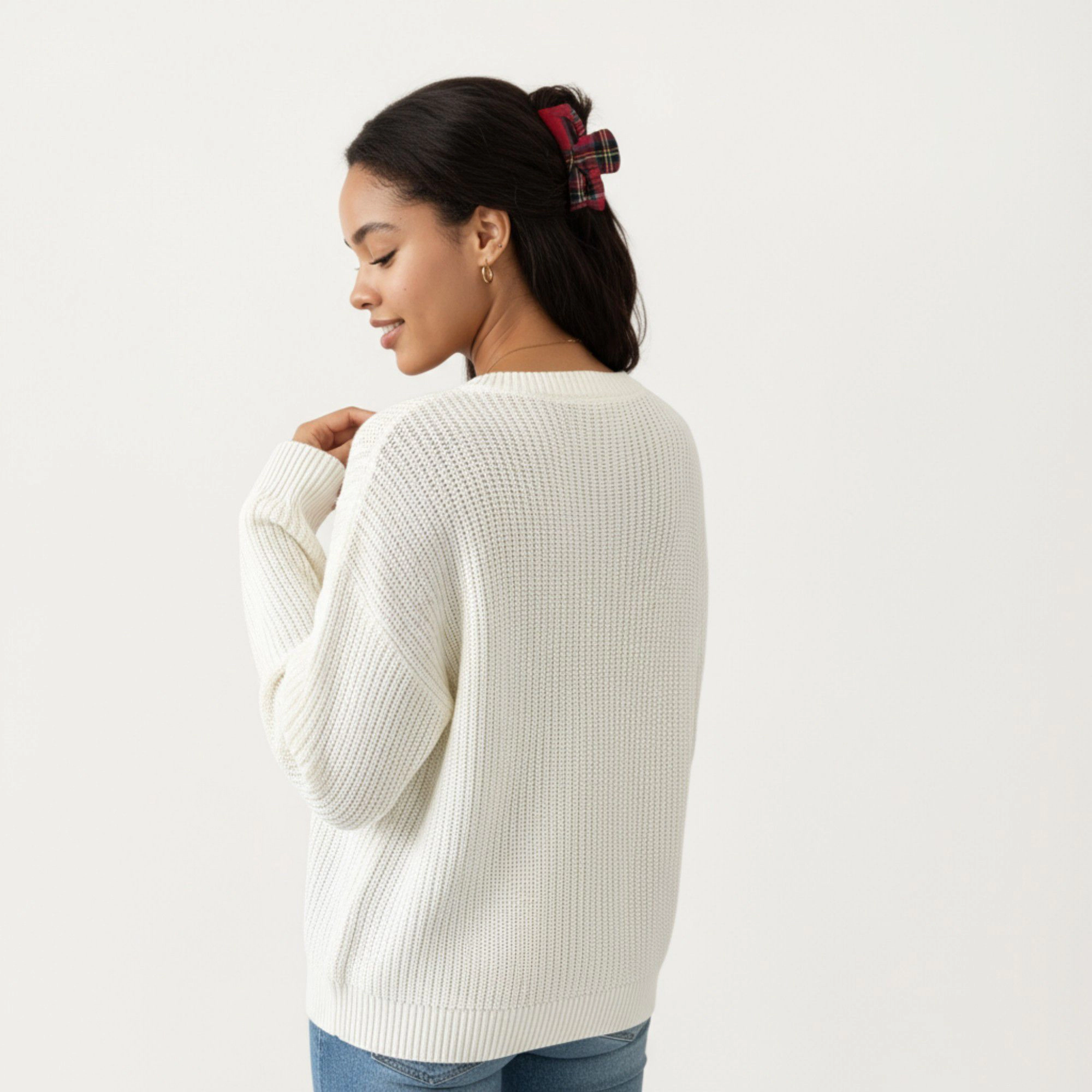 Anna-Kaci Women's Crew Neck Knit Sweater with Plaid Bow Graphic