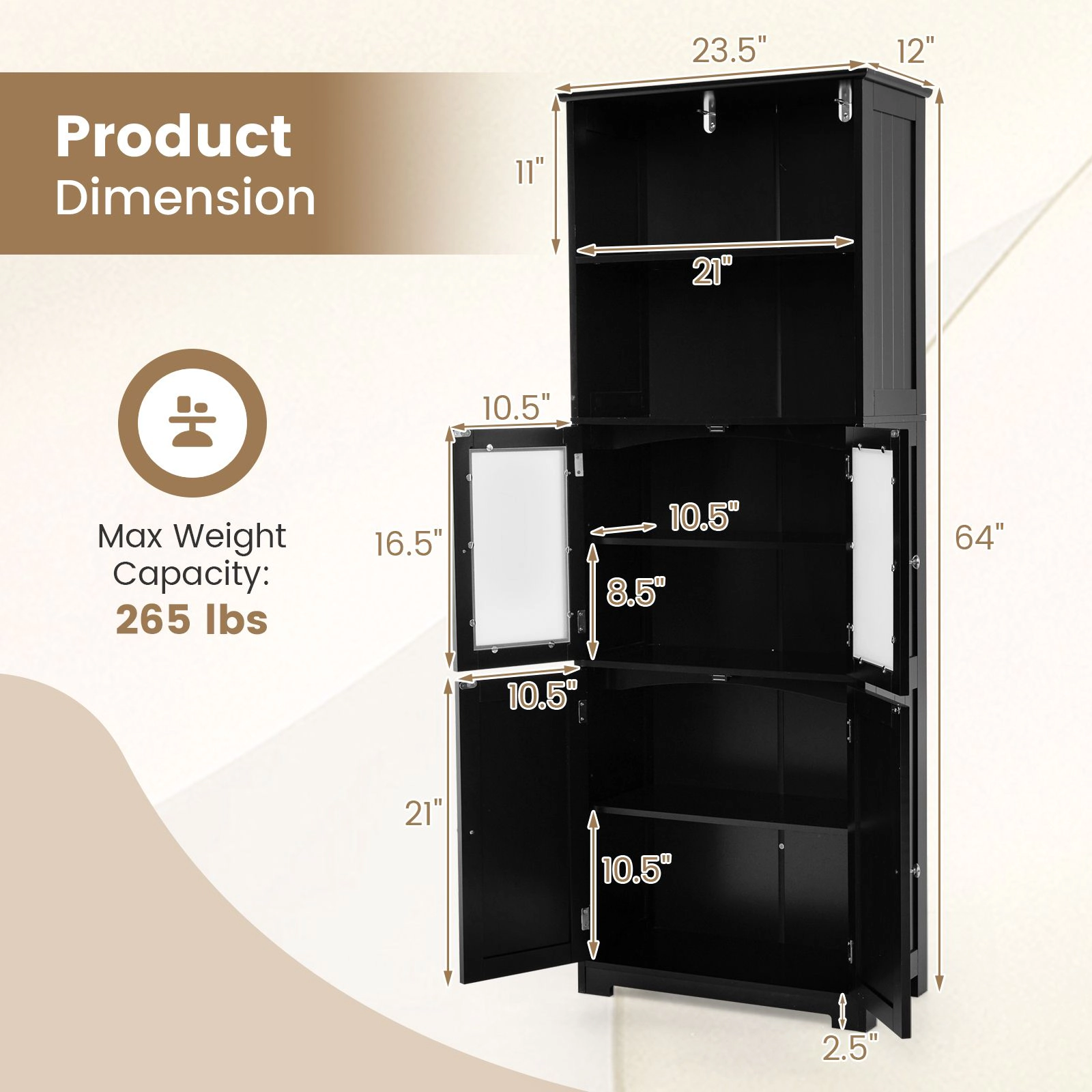 SlickBlue 64" Tall Bathroom Storage Cabinet with Glass Doors