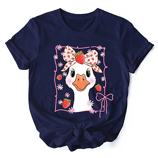 OrnamentallyYou Womens Coquette Goose With Strawberry Bow T-Shirt