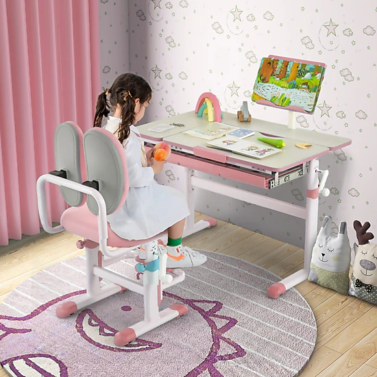 SUGIFT Pink Kids Desk, Height-Adjustable 20 to 28.8 in, 7-Level Tilt Top, Book Stand and Drawer