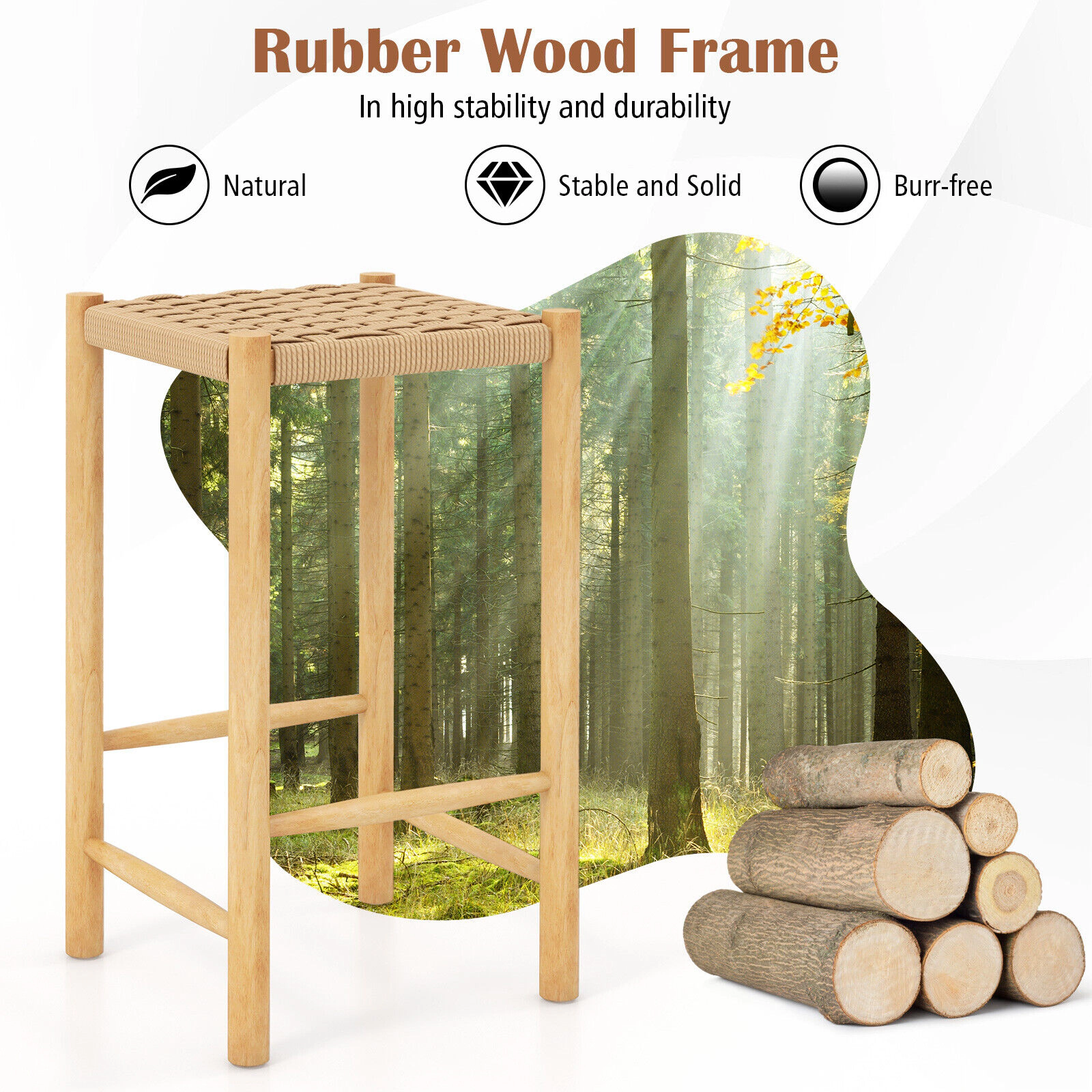 SUGIFT Woven Paper Rope Seat 330-lb Set of 2 Natural Rubber Wood Bar Stools