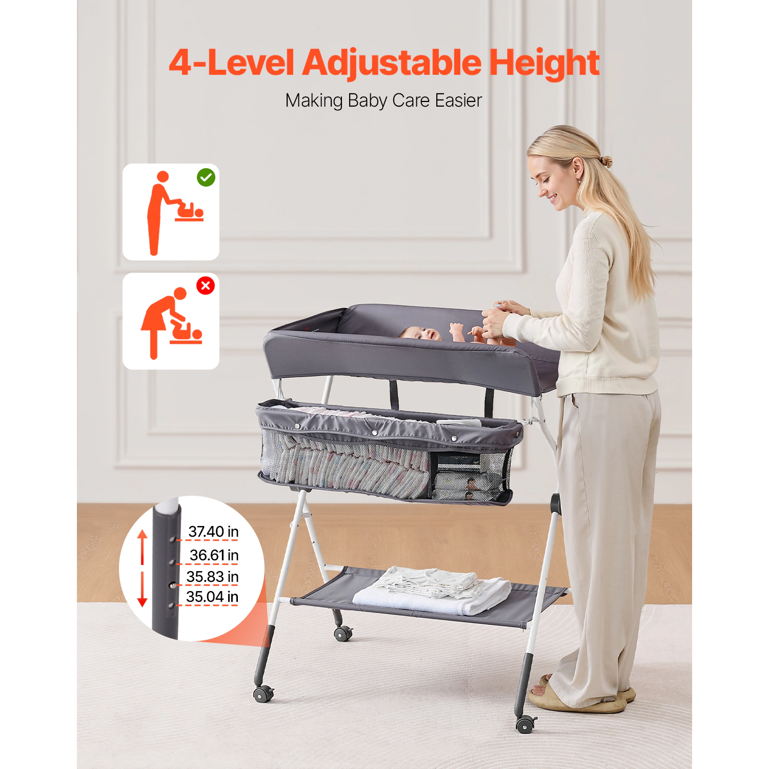 HONGGE Foldable Baby Changing Table with Side Basket, Adjustable Height, Lockable Wheels