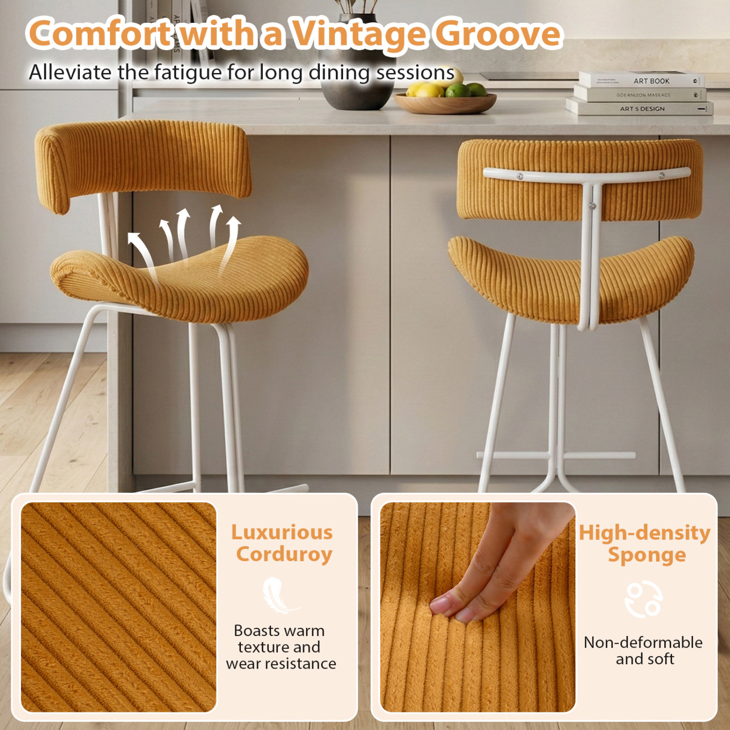 Glintex 2-Piece 25-Inch Armless Counter Stool Set with Corduroy Open Back, Orange + White