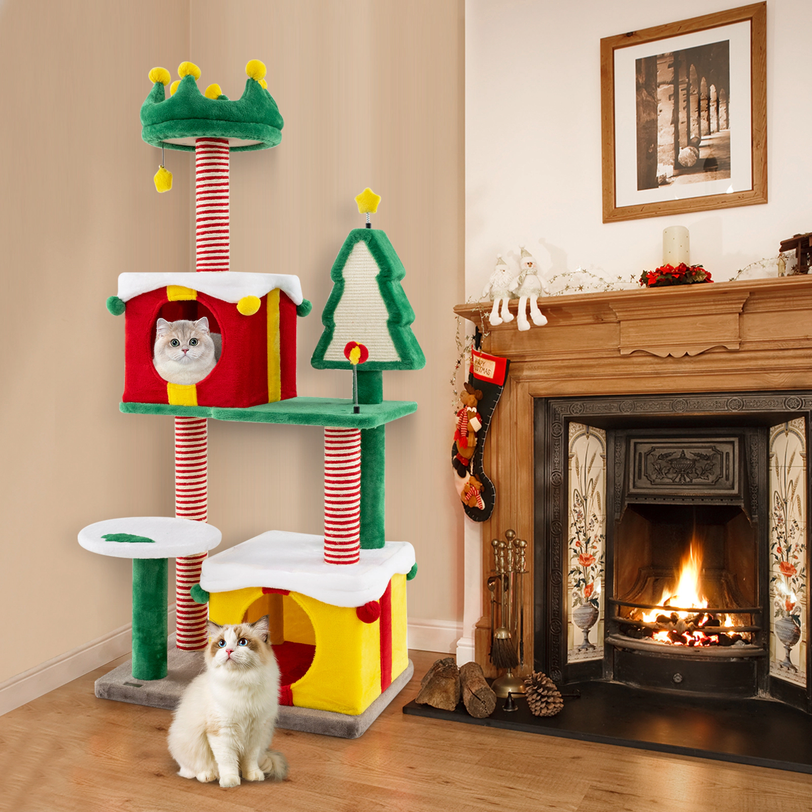 SlickBlue 61" Christmas Cat Tree Tower with Condos and Scratching Posts