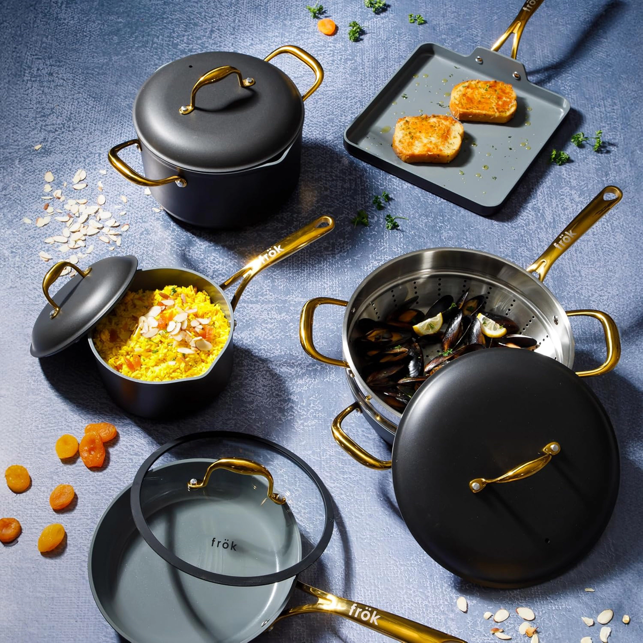 Frok 10 Piece Cearmic Nonstick Aluminum Cookware Set in Black with Gold Handles