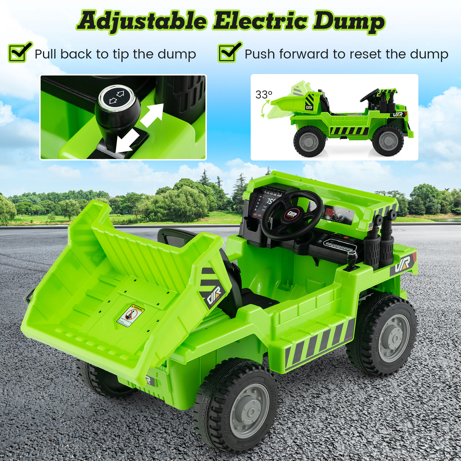 SUGIFT Green Electric Dump Bed Shovel and Remote Control 12V Kids Ride On Dump Truck
