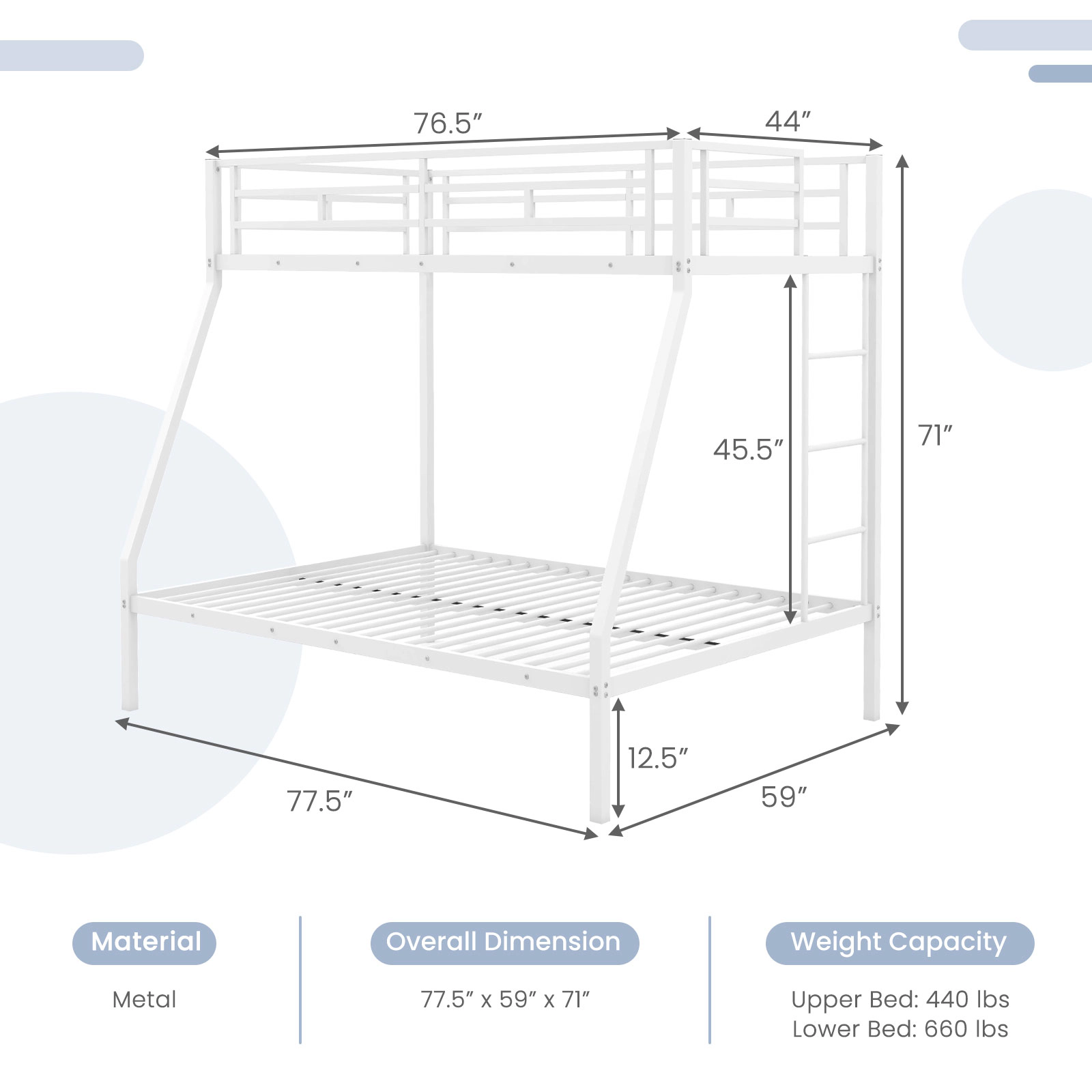 SUGIFT Space-Saving Metal Slatted Bunk Bed Frame 440/660-lb Capacity White