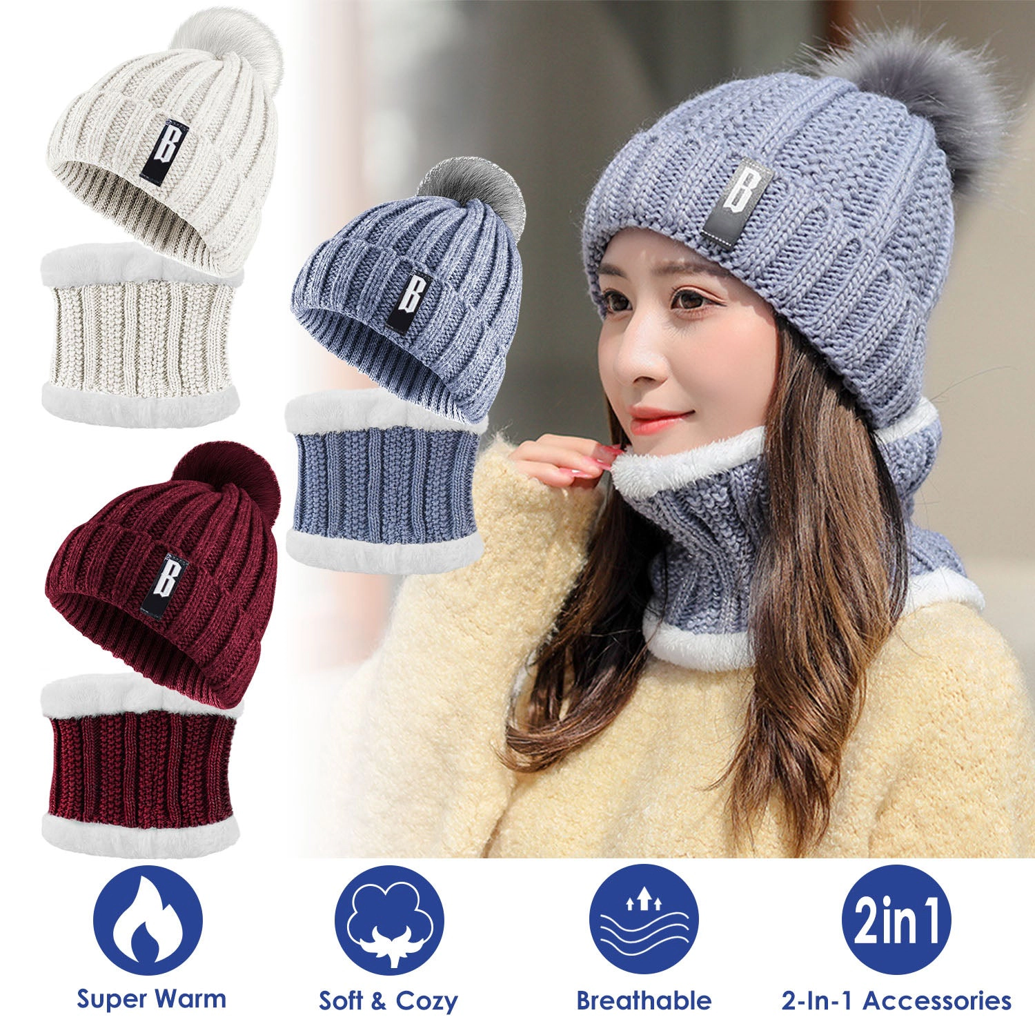 GBruno 2-in-1 Knit Beanie Hat And Scarf Set