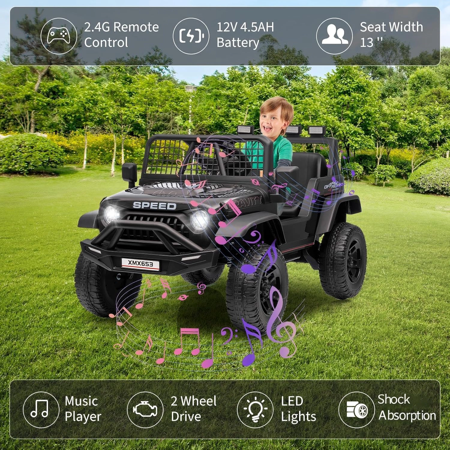 Enjyam 12V Kids Ride On Truck, Electric Car Toy with Extra Wide Seat & Legroom, Remote Control,3 Speeds,LED Lights,