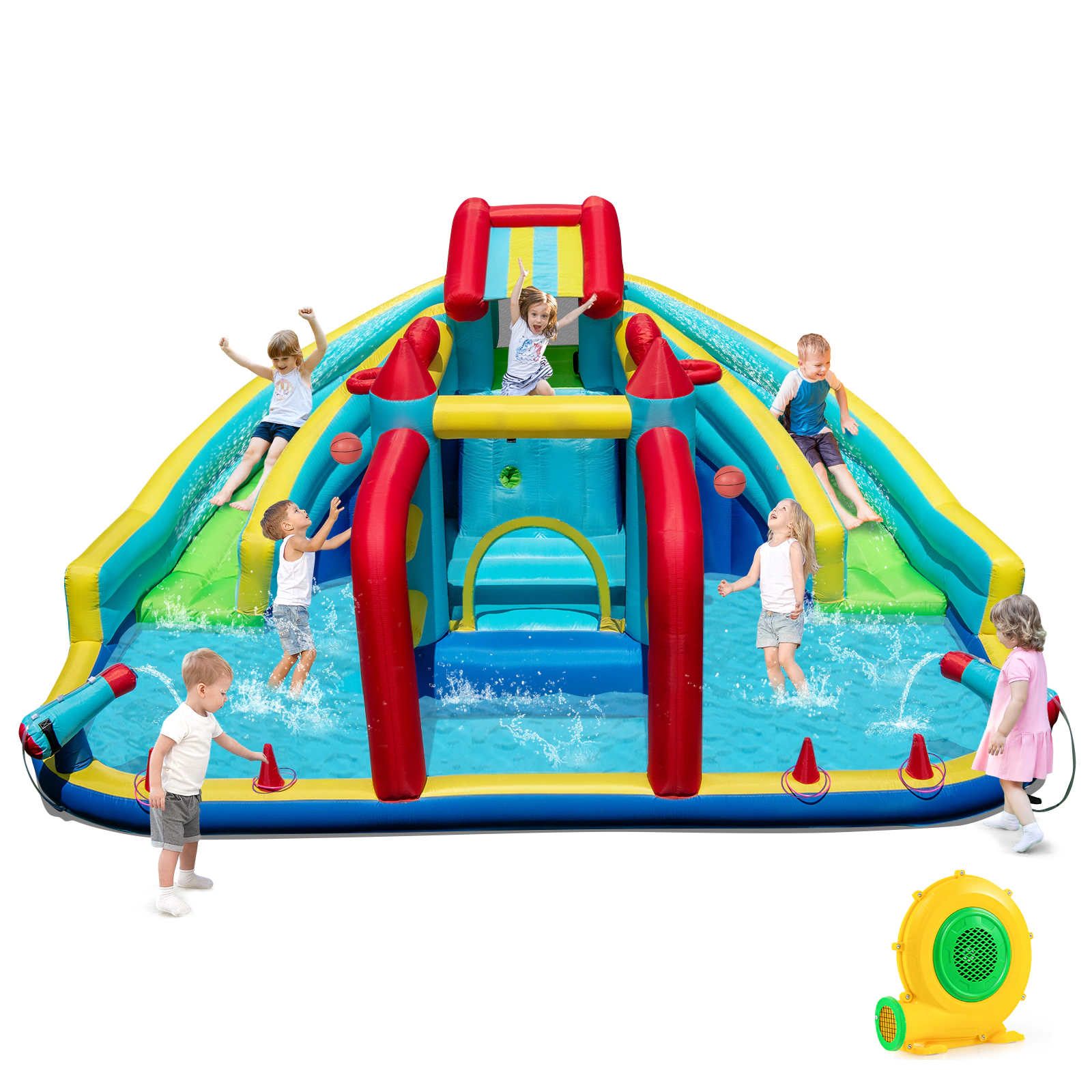SUGIFT Obstacle Course Basketball Hoops and 680W Blower Kids Inflatable Double Water Slide Park