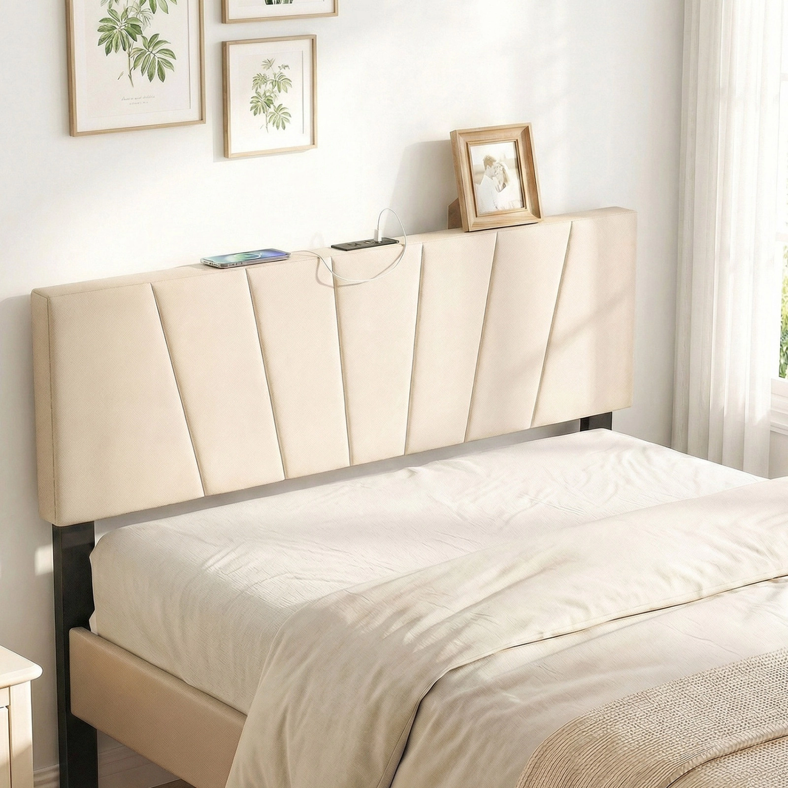 SUGIFT Beige Upholstered Headboard, Full/Queen, Charging Station