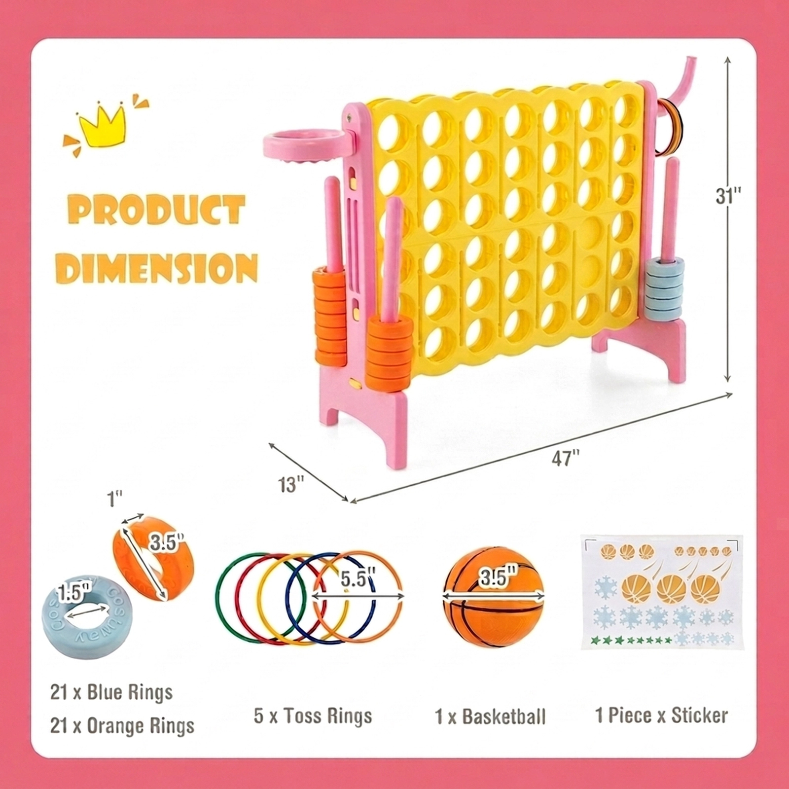 SUGIFT 3-in-1 47-in 4-to-Score Game Set with 42 Connect Rings 3.5-in Basketball and 5 Toss Rings