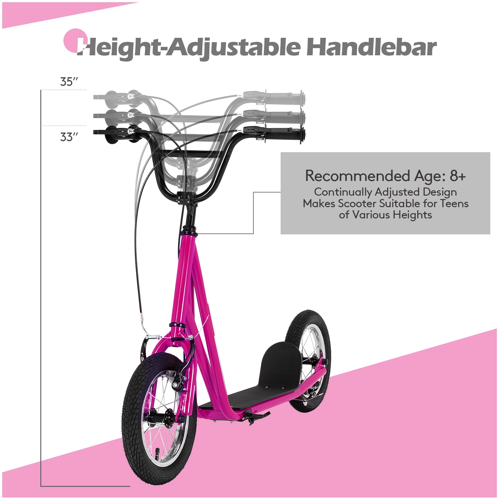 SUGIFT Kids Pink Kick Scooter with 12-in Air-Filled Wheels and Dual V-Brakes 33-in to 35-in H 165-lb Rider Capacity